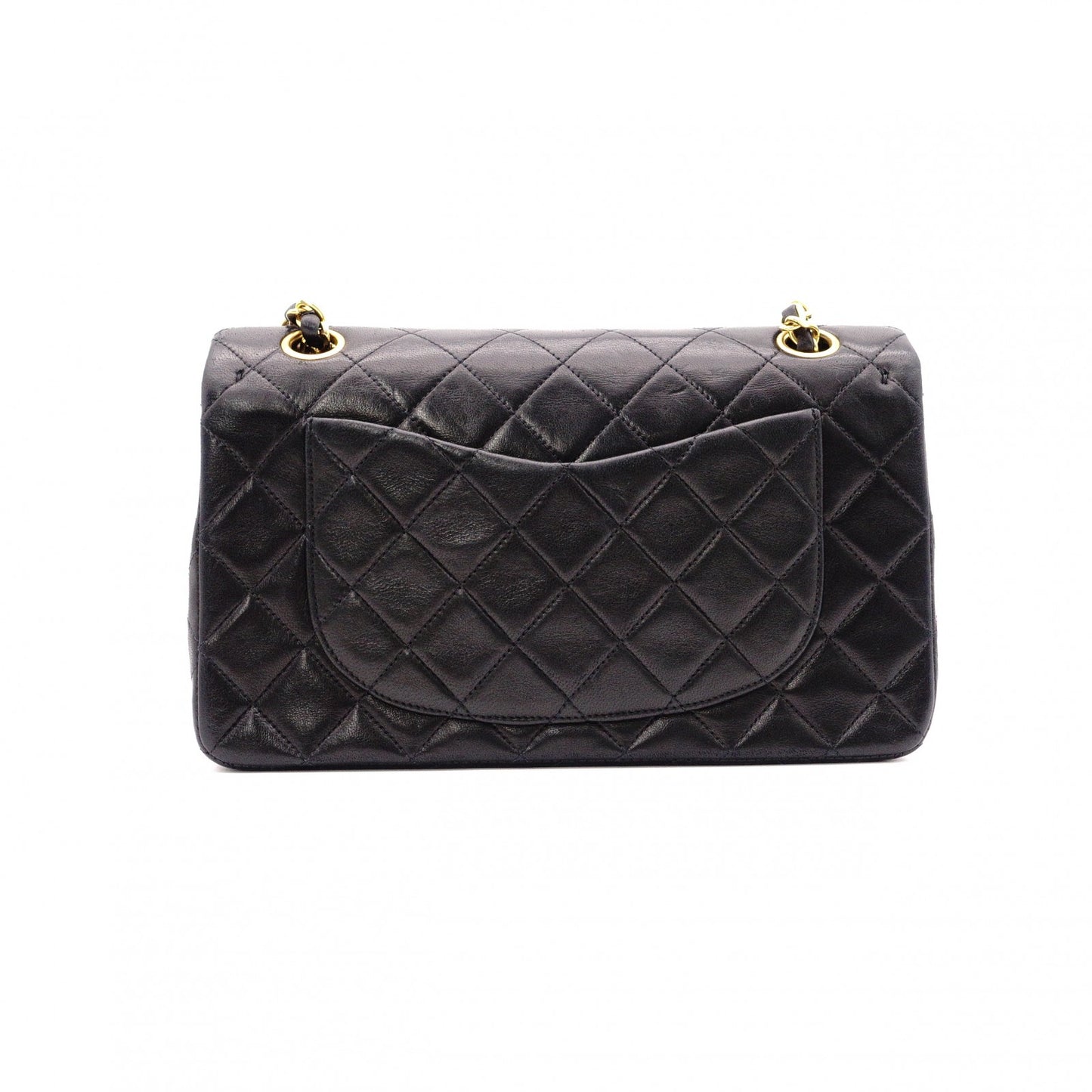 CHANEL Lambskin Classic W-Flap Shoulder Bag, Leather, Black, Gold Hardware