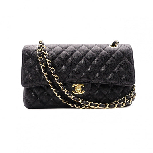 CHANEL Caviar Skin Classic W-Flap Shoulder Bag, Leather, Black, Gold Hardware