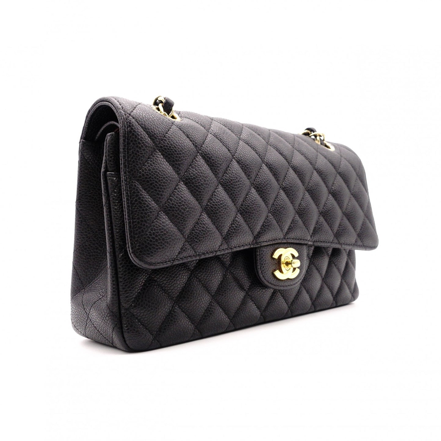 CHANEL Caviar Skin Classic W-Flap Shoulder Bag, Leather, Black, Gold Hardware