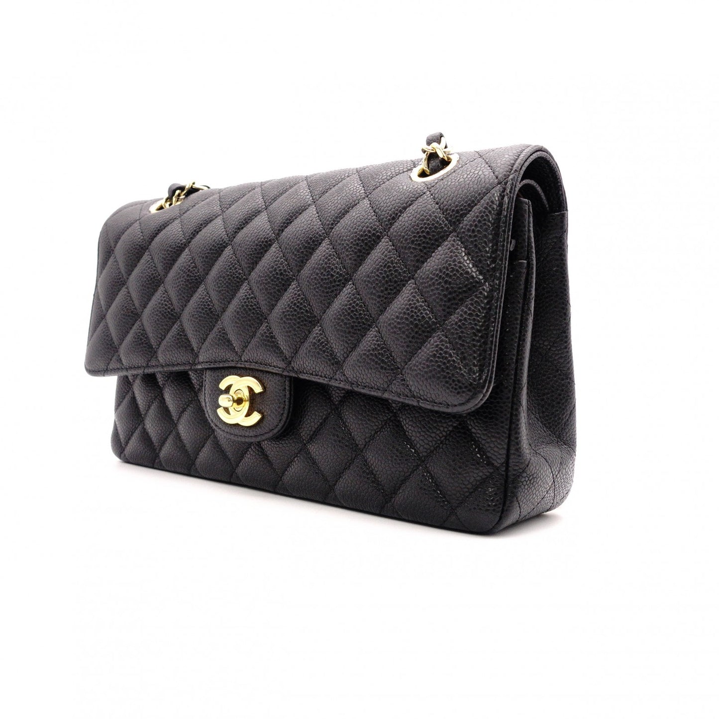 CHANEL Caviar Skin Classic W-Flap Shoulder Bag, Leather, Black, Gold Hardware