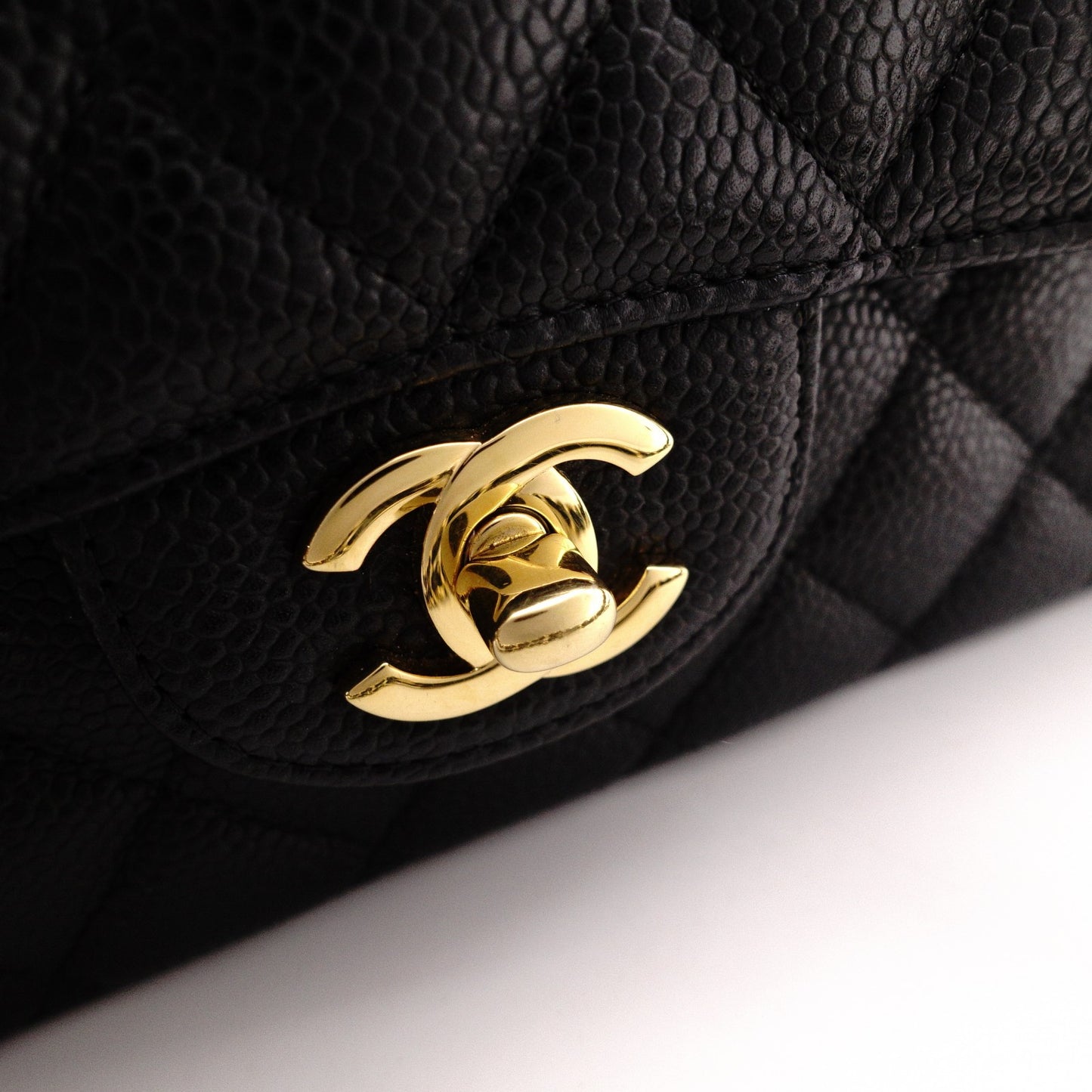 CHANEL Caviar Skin Classic W-Flap Shoulder Bag, Leather, Black, Gold Hardware
