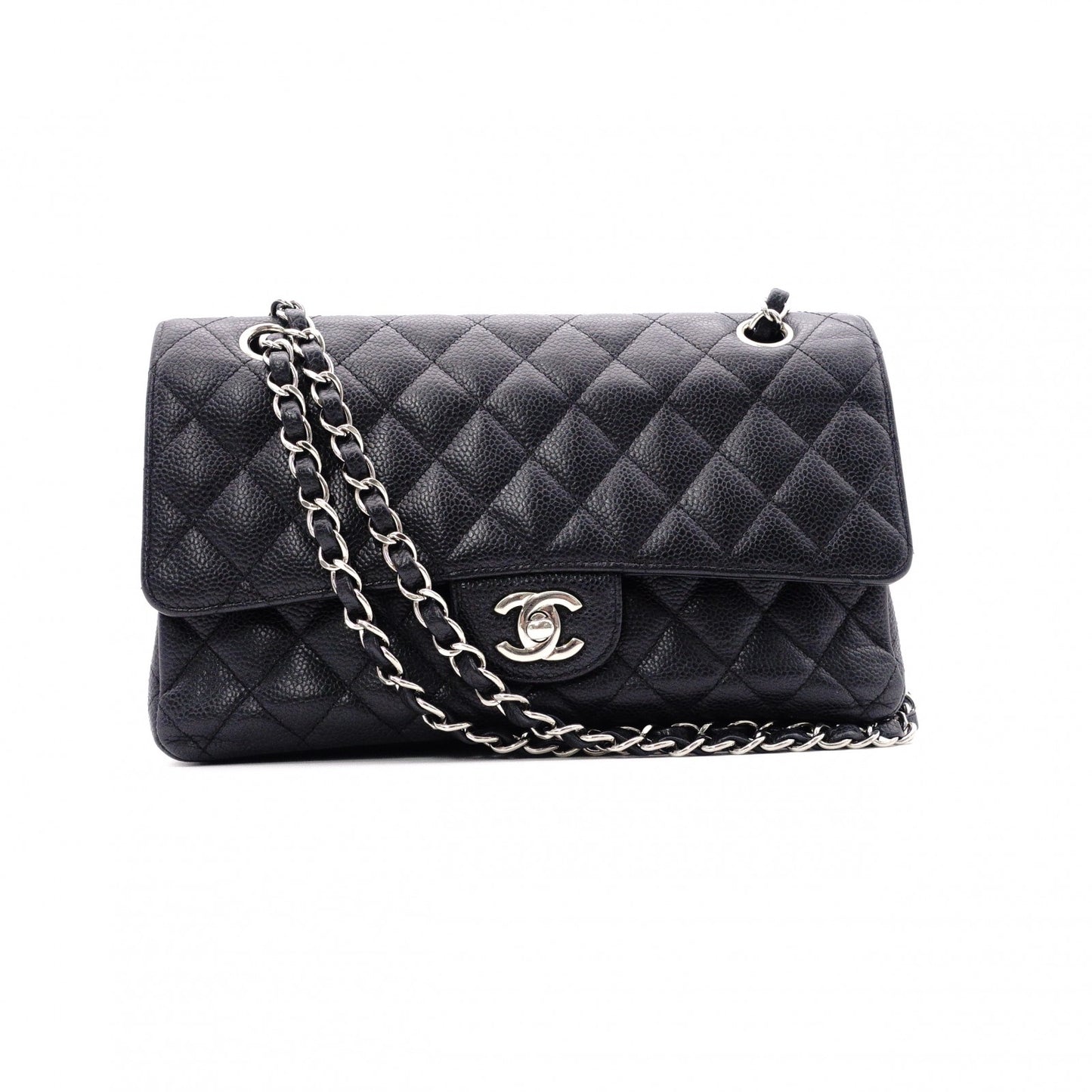 CHANEL Caviar Skin Classic W-Flap Shoulder Bag, Leather, Black, Silver Hardware