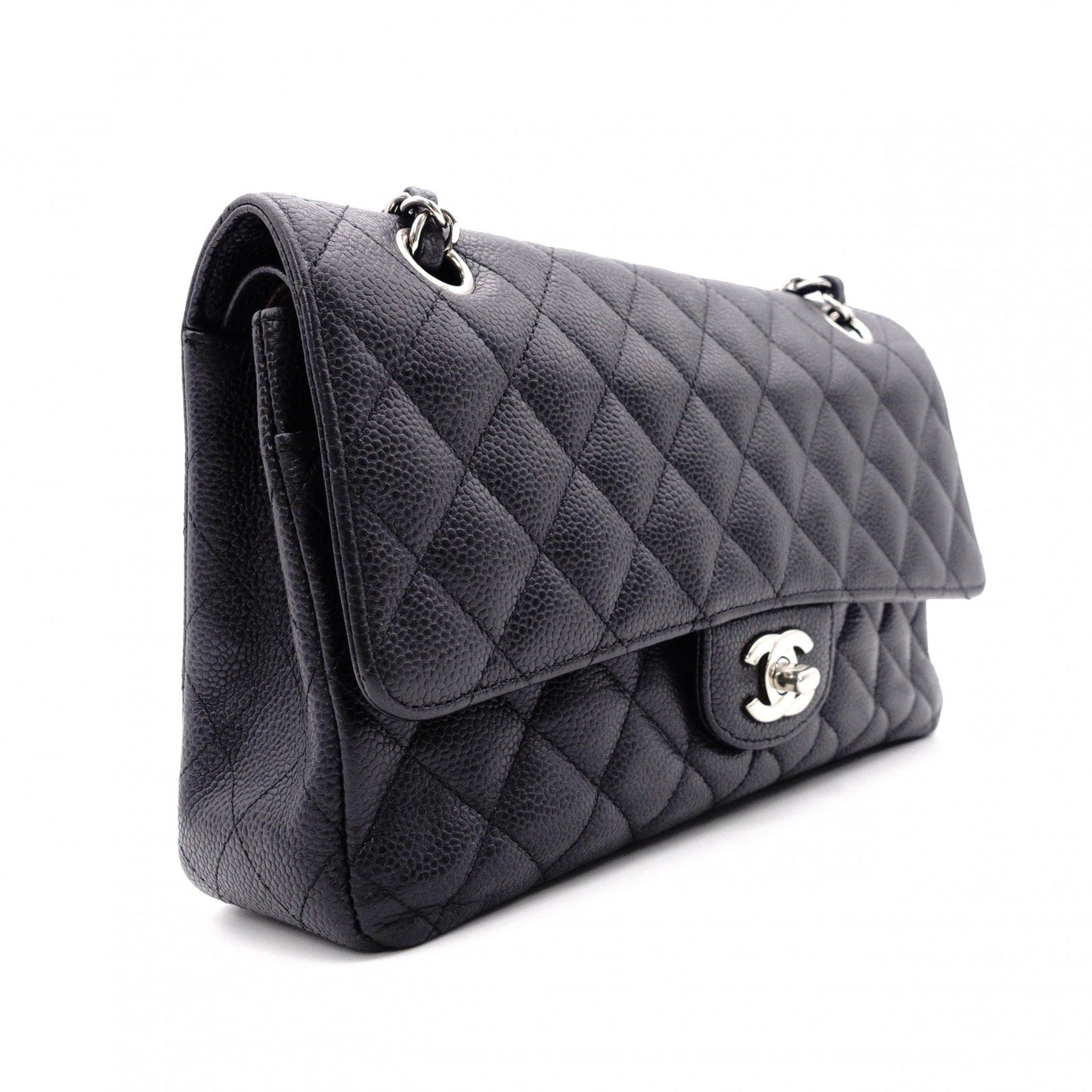 CHANEL Caviar Skin Classic W-Flap Shoulder Bag, Leather, Black, Silver Hardware