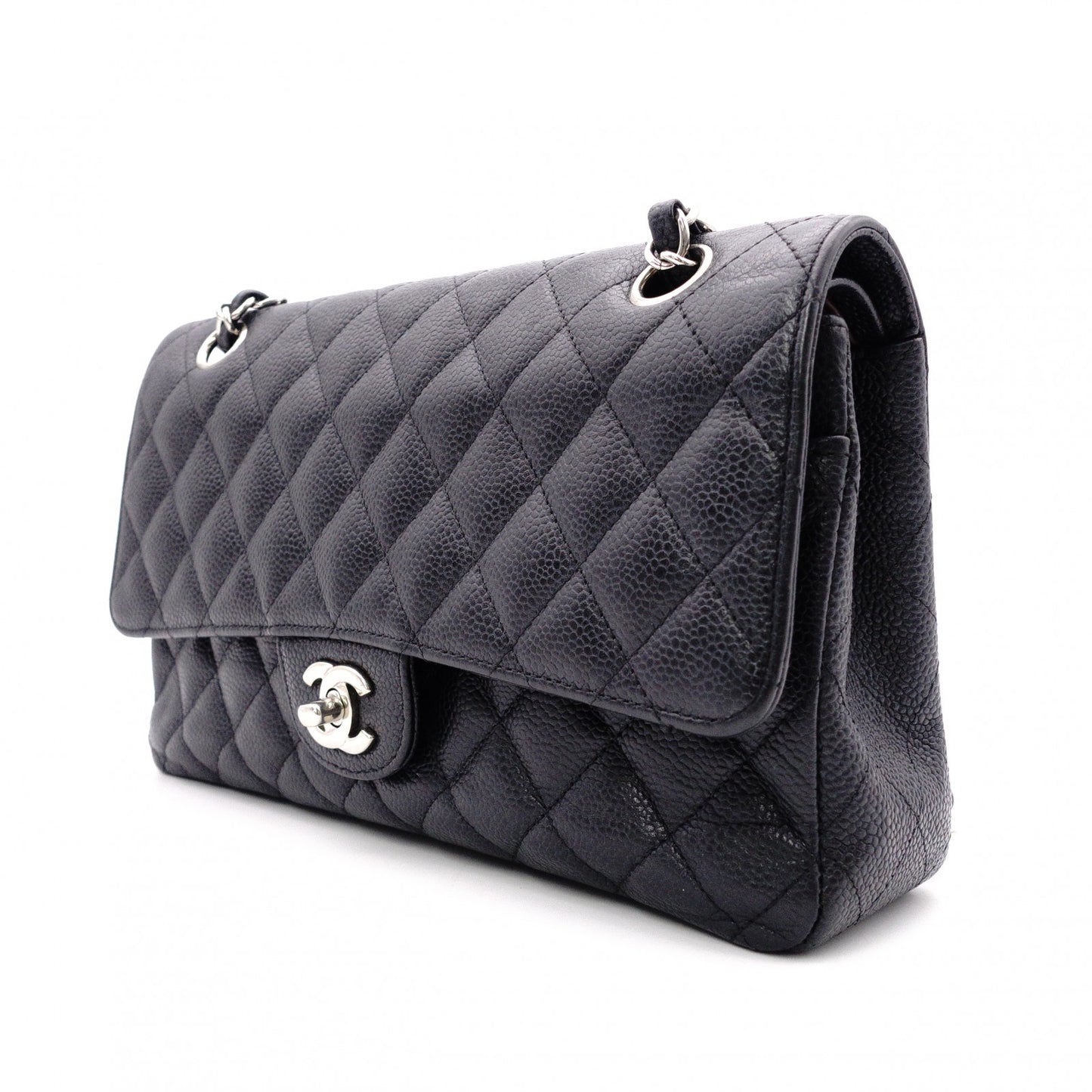 CHANEL Caviar Skin Classic W-Flap Shoulder Bag, Leather, Black, Silver Hardware