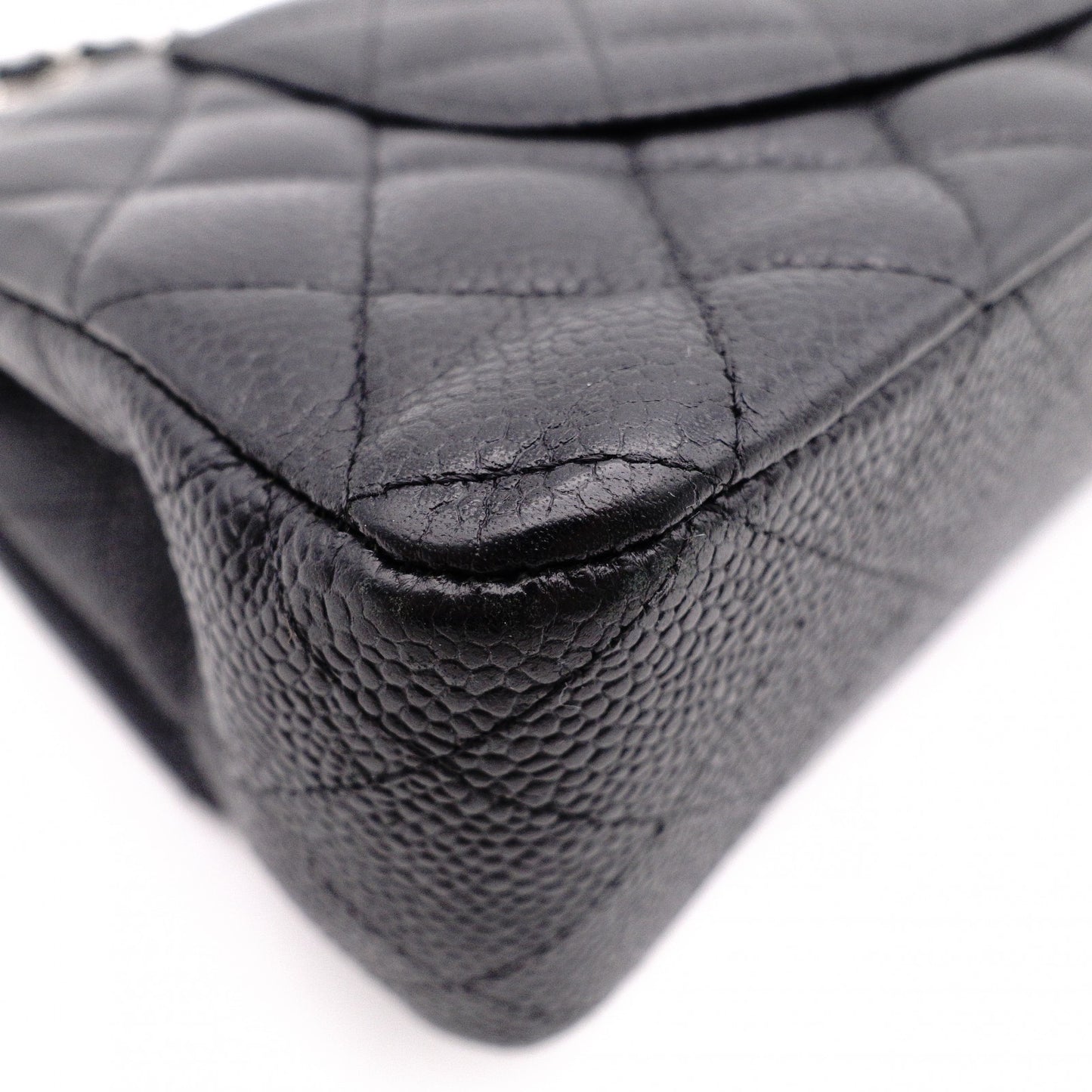CHANEL Caviar Skin Classic W-Flap Shoulder Bag, Leather, Black, Silver Hardware
