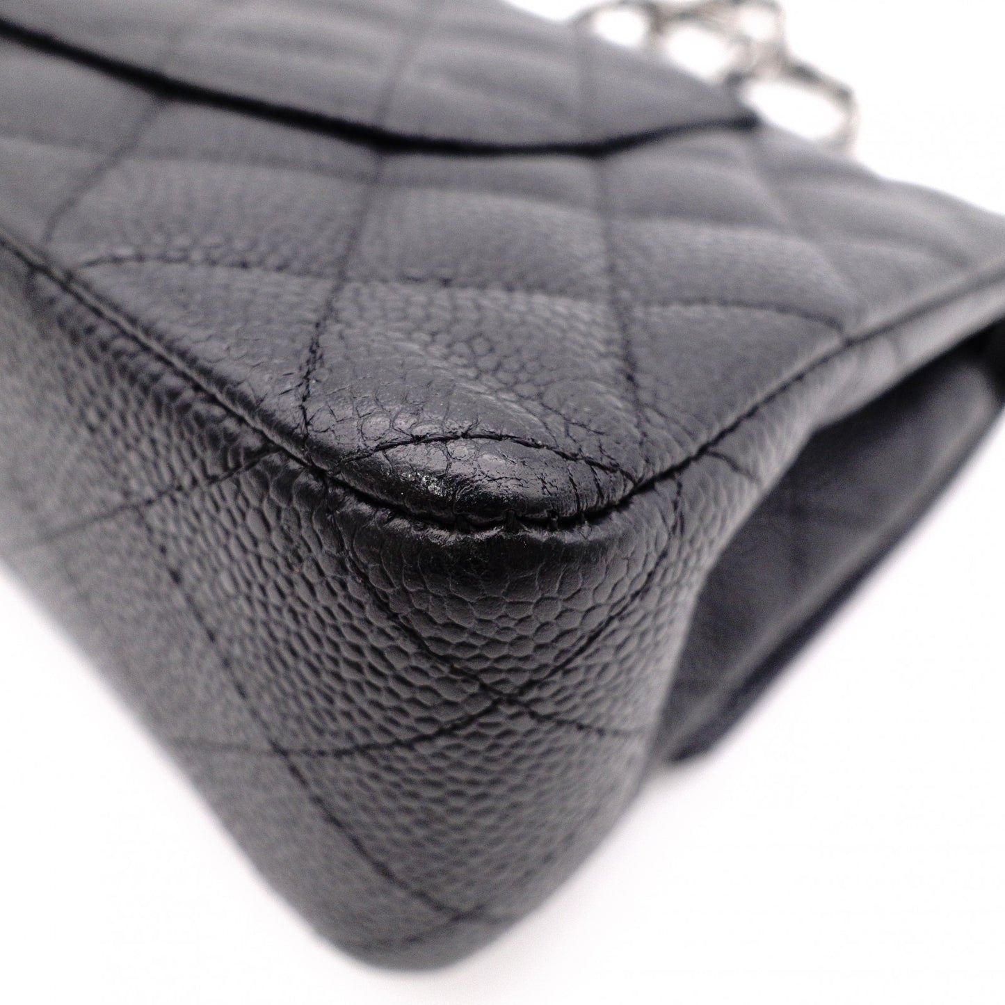 CHANEL Caviar Skin Classic W-Flap Shoulder Bag, Leather, Black, Silver Hardware