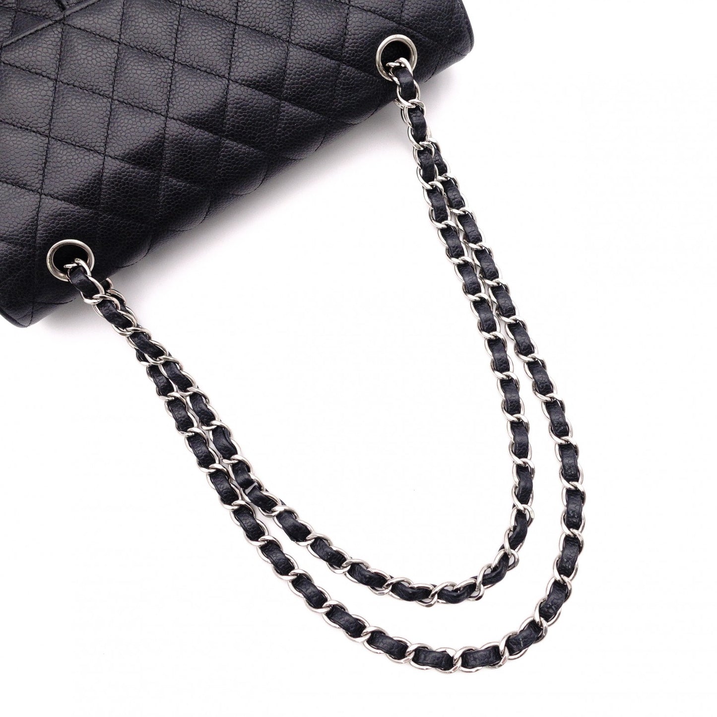 CHANEL Caviar Skin Classic W-Flap Shoulder Bag, Leather, Black, Silver Hardware