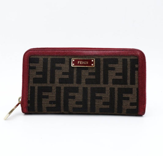 FENDI Zucca Zippy Wallet Long Wallet Brown × Red Canvas Leather Wallet with Box 7-12-234