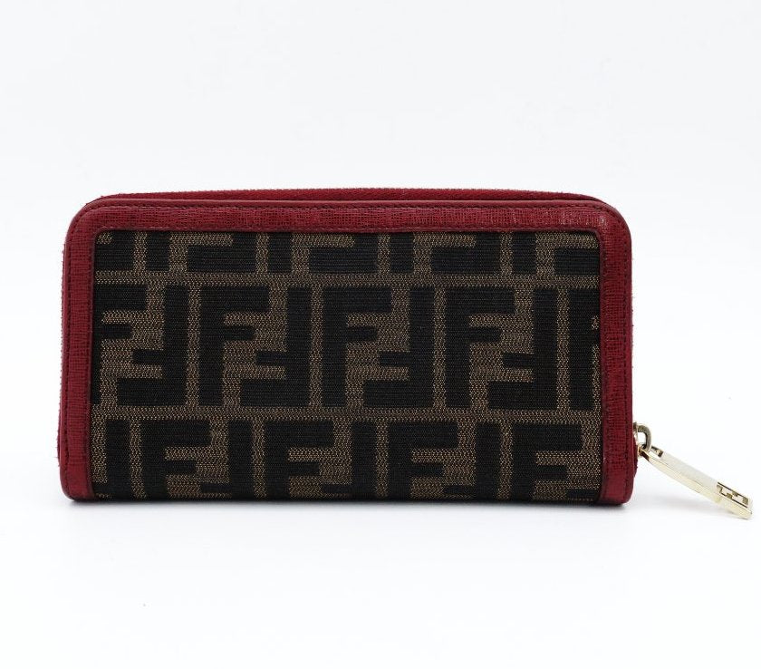 FENDI Zucca Zippy Wallet Long Wallet Brown × Red Canvas Leather Wallet with Box 7-12-234