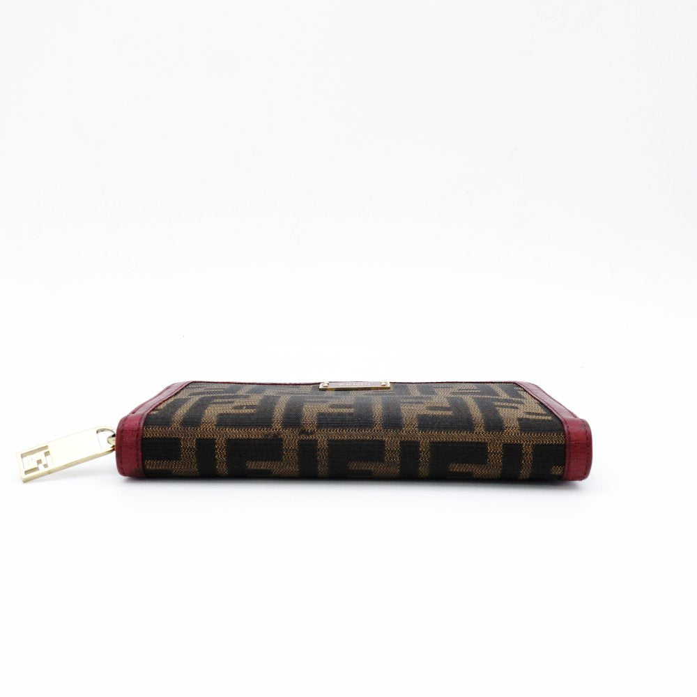FENDI Zucca Zippy Wallet Long Wallet Brown × Red Canvas Leather Wallet with Box 7-12-234