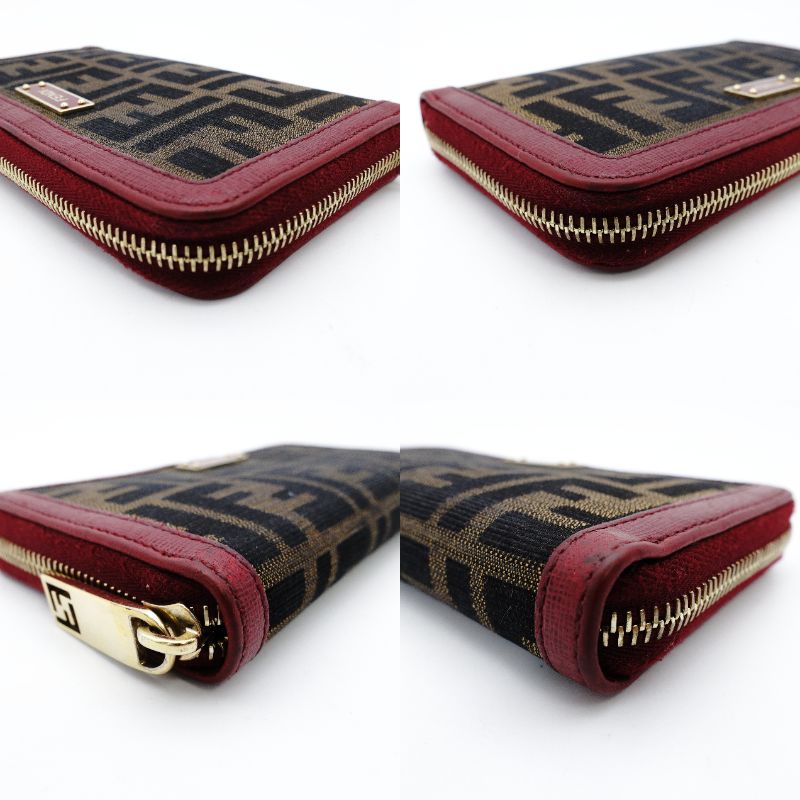 FENDI Zucca Zippy Wallet Long Wallet Brown × Red Canvas Leather Wallet with Box 7-12-234