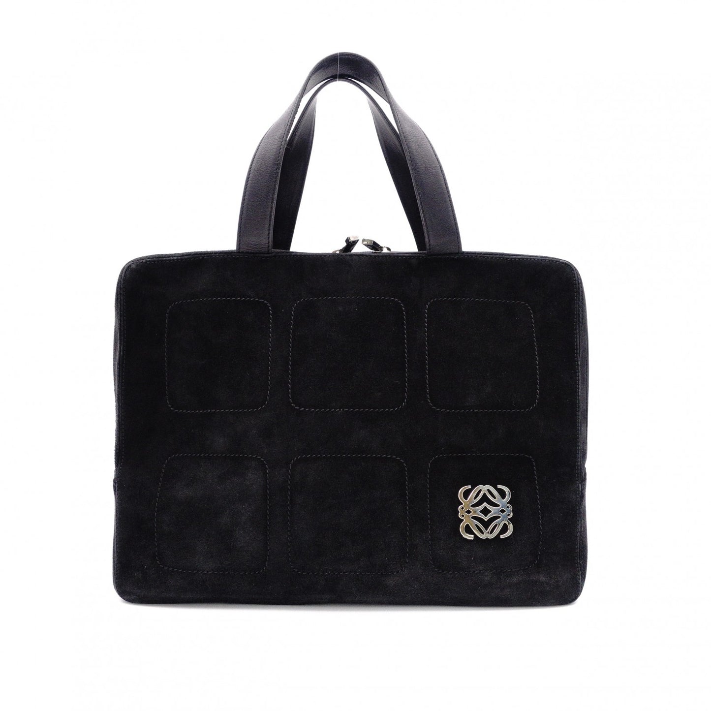 LOEWE Amasona Handbag, Suede Leather, Black Tote Bag with Silver Hardware