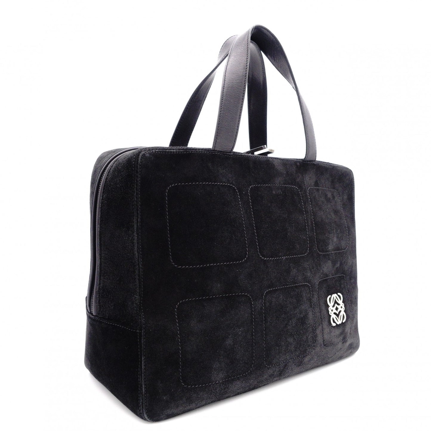 LOEWE Amasona Handbag, Suede Leather, Black Tote Bag with Silver Hardware