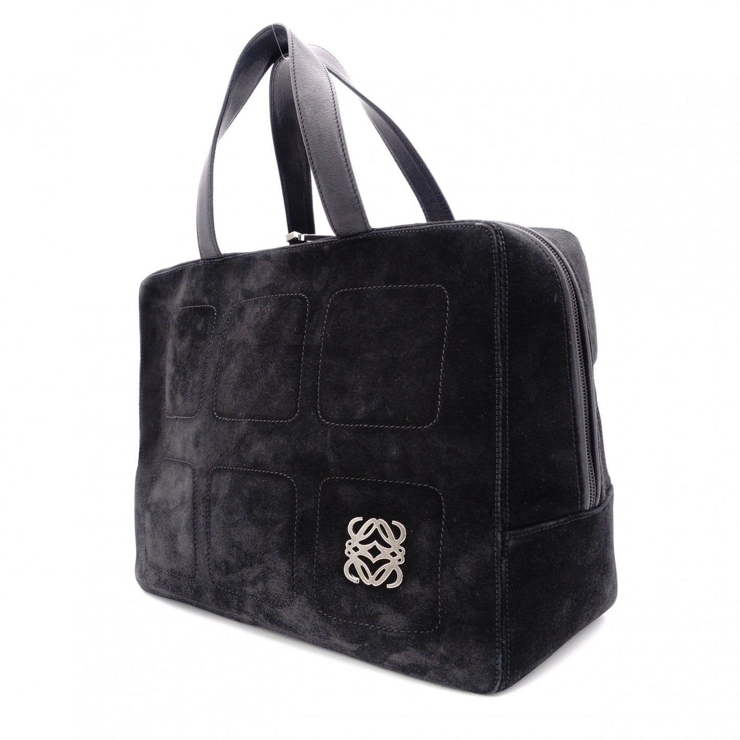LOEWE Amasona Handbag, Suede Leather, Black Tote Bag with Silver Hardware
