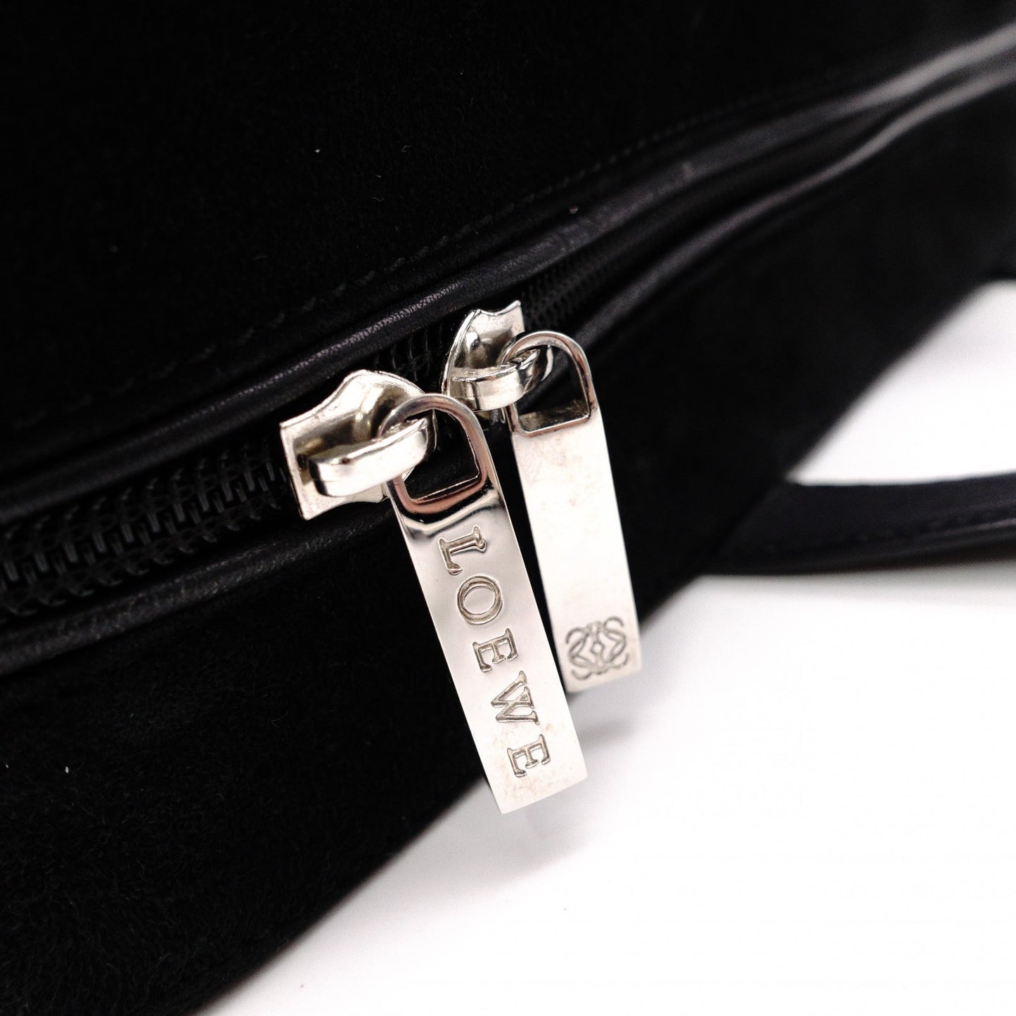LOEWE Amasona Handbag, Suede Leather, Black Tote Bag with Silver Hardware