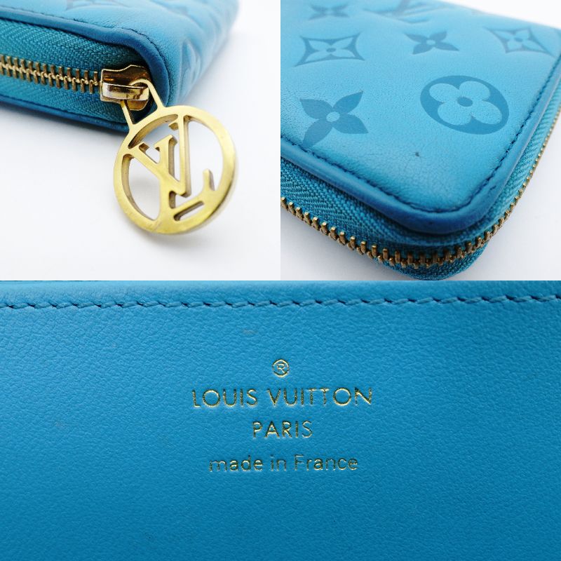 LOUIS VUITTON Embossed Zippy Wallet Turquoise Blue Leather Long Wallet Gold Hardware 7-12-451
