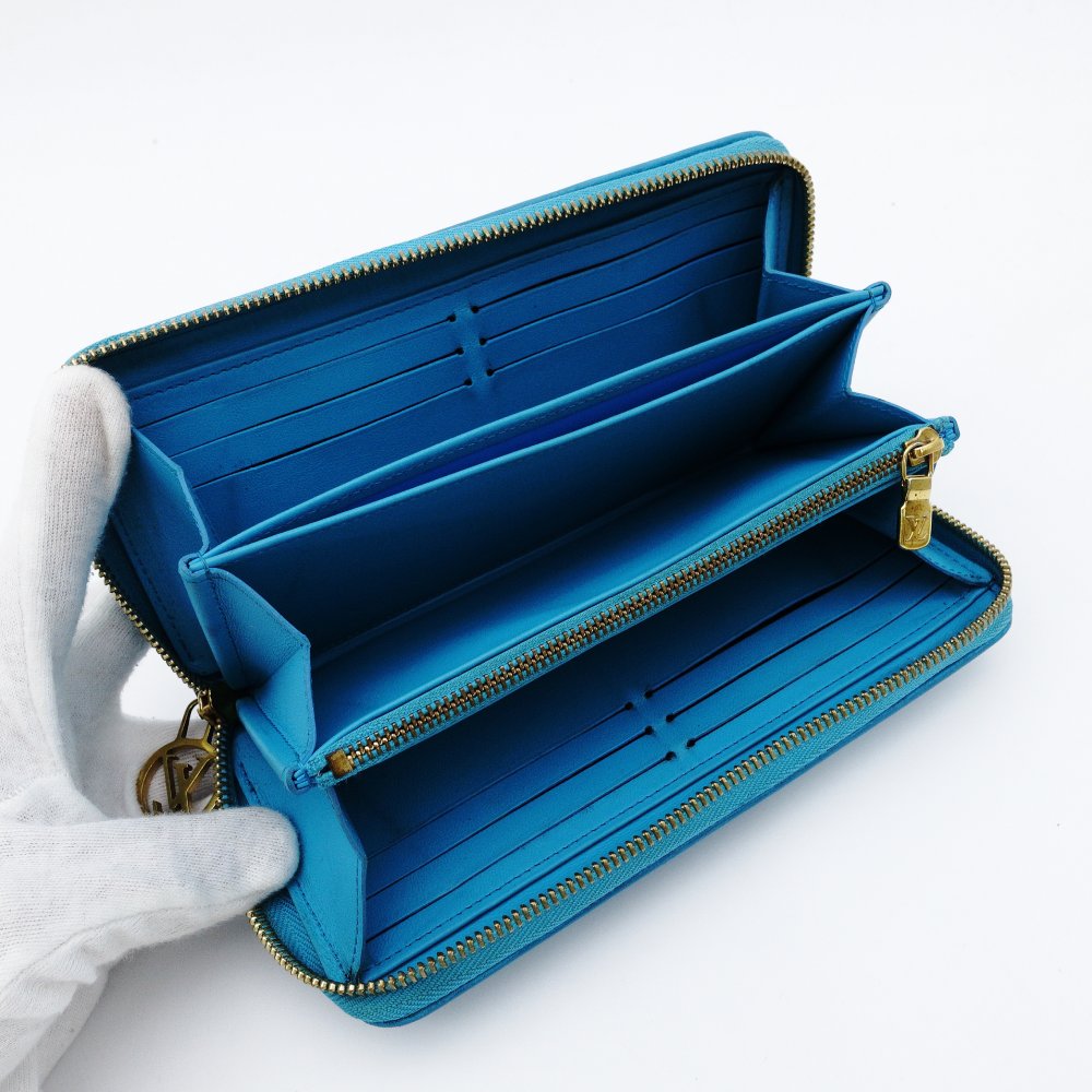 LOUIS VUITTON Embossed Zippy Wallet Turquoise Blue Leather Long Wallet Gold Hardware 7-12-451