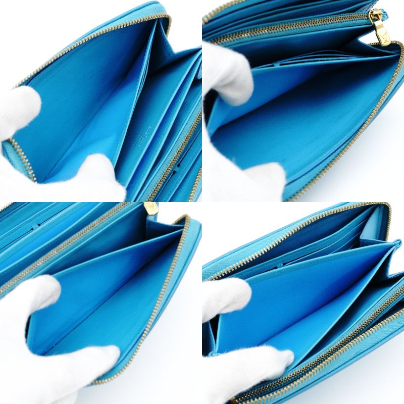 LOUIS VUITTON Embossed Zippy Wallet Turquoise Blue Leather Long Wallet Gold Hardware 7-12-451