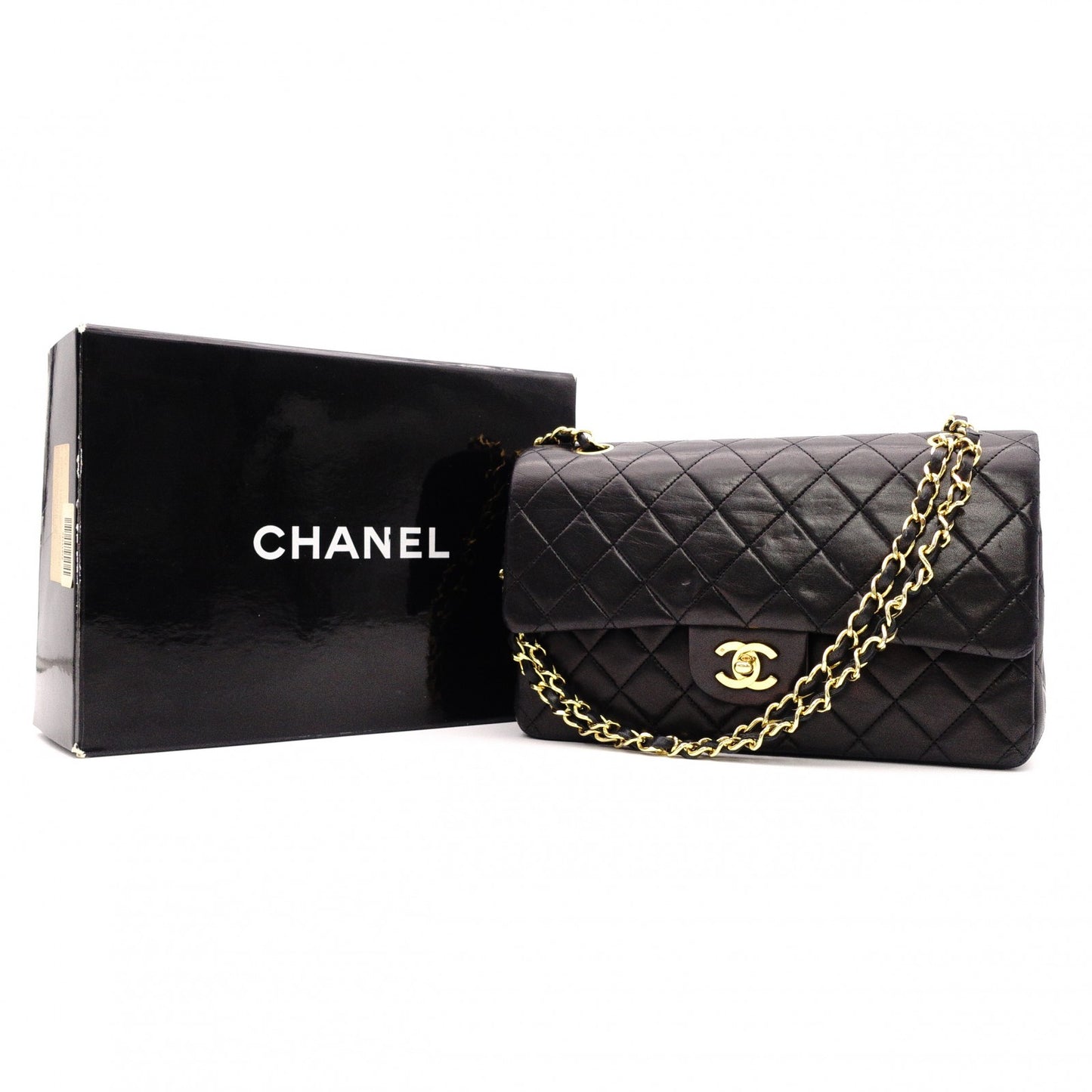 CHANEL Classic W-Flap Matelassé Shoulder Bag, Leather, Black, Gold Hardware