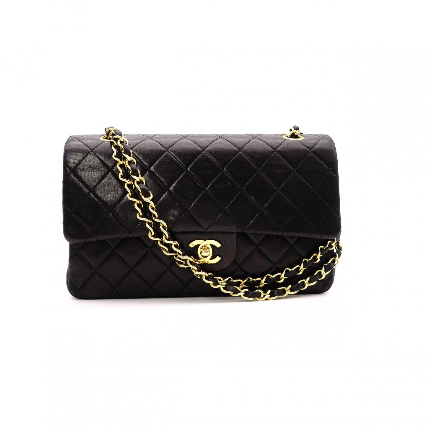 CHANEL Classic W-Flap Matelassé Shoulder Bag, Leather, Black, Gold Hardware