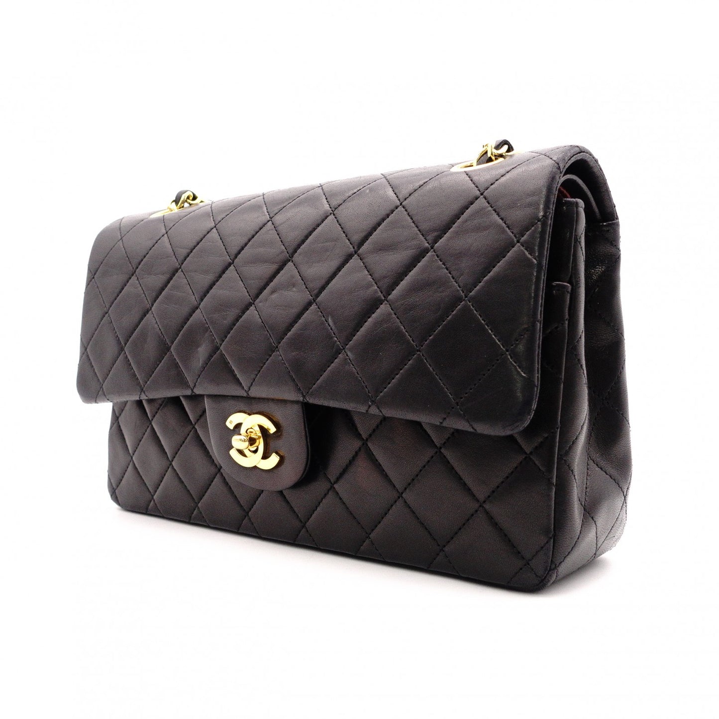 CHANEL Classic W-Flap Matelassé Shoulder Bag, Leather, Black, Gold Hardware