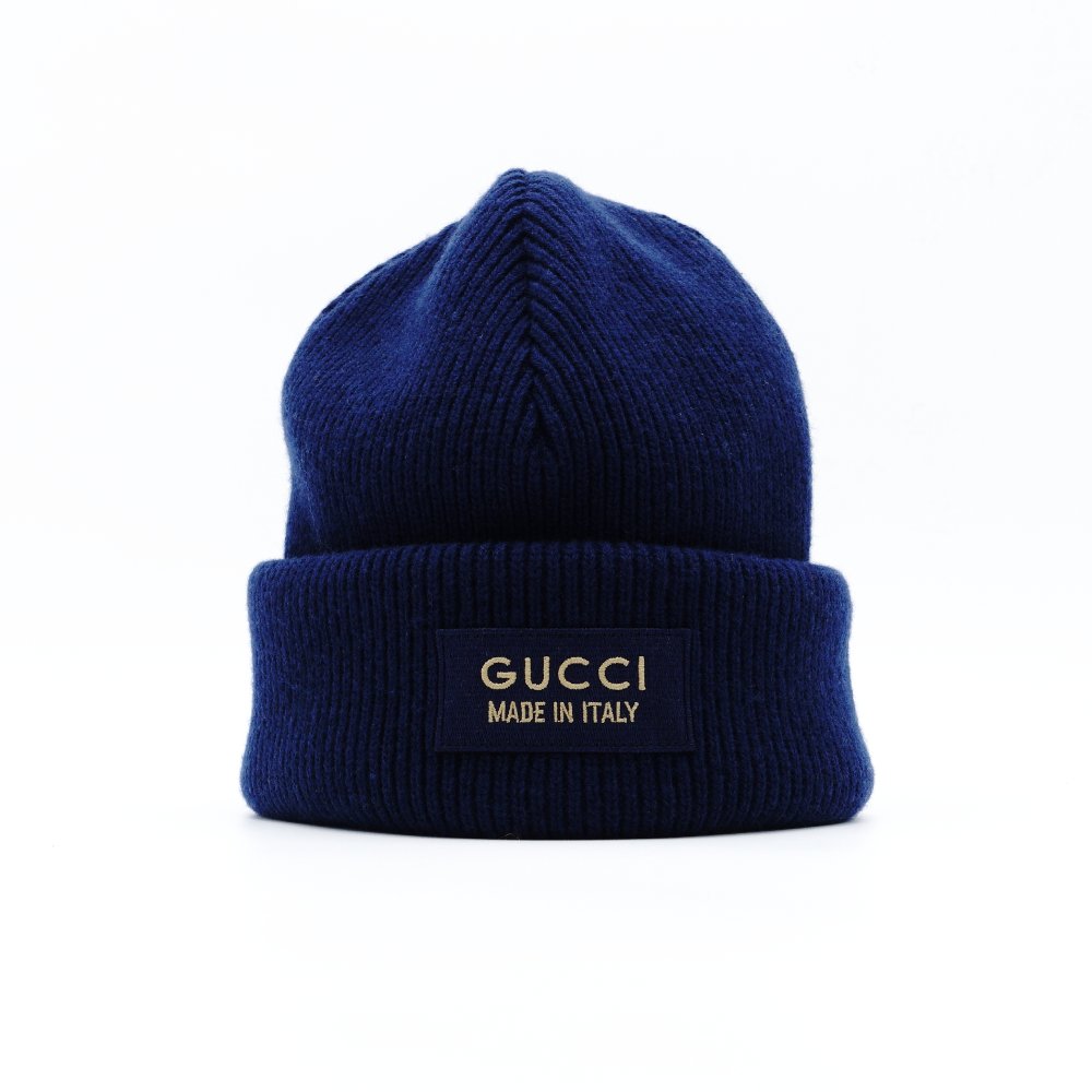 GUCCI Navy Knit Beanie M Size 58cm Wool Logo Hat with Box 7-2-205