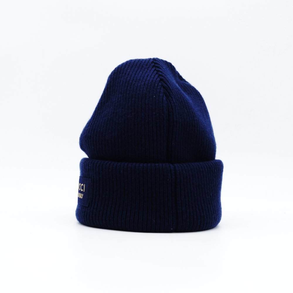 GUCCI Navy Knit Beanie M Size 58cm Wool Logo Hat with Box 7-2-205