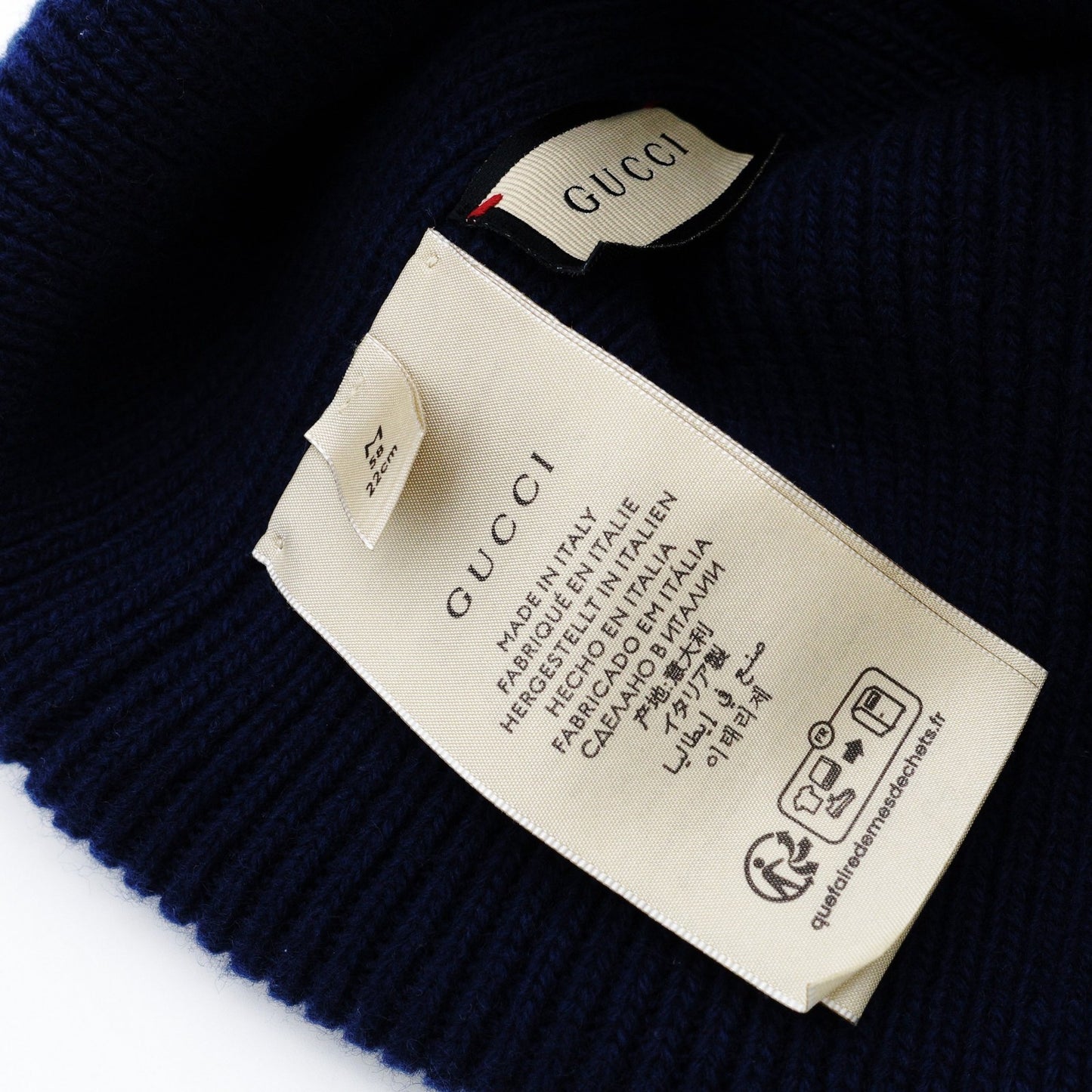 GUCCI Navy Knit Beanie M Size 22.8" Wool Logo Hat with Box 7-2-205