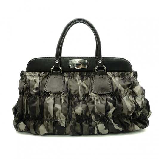PRADA Handbag, Leather and Nylon, Gathered, Green-Toned Camouflage