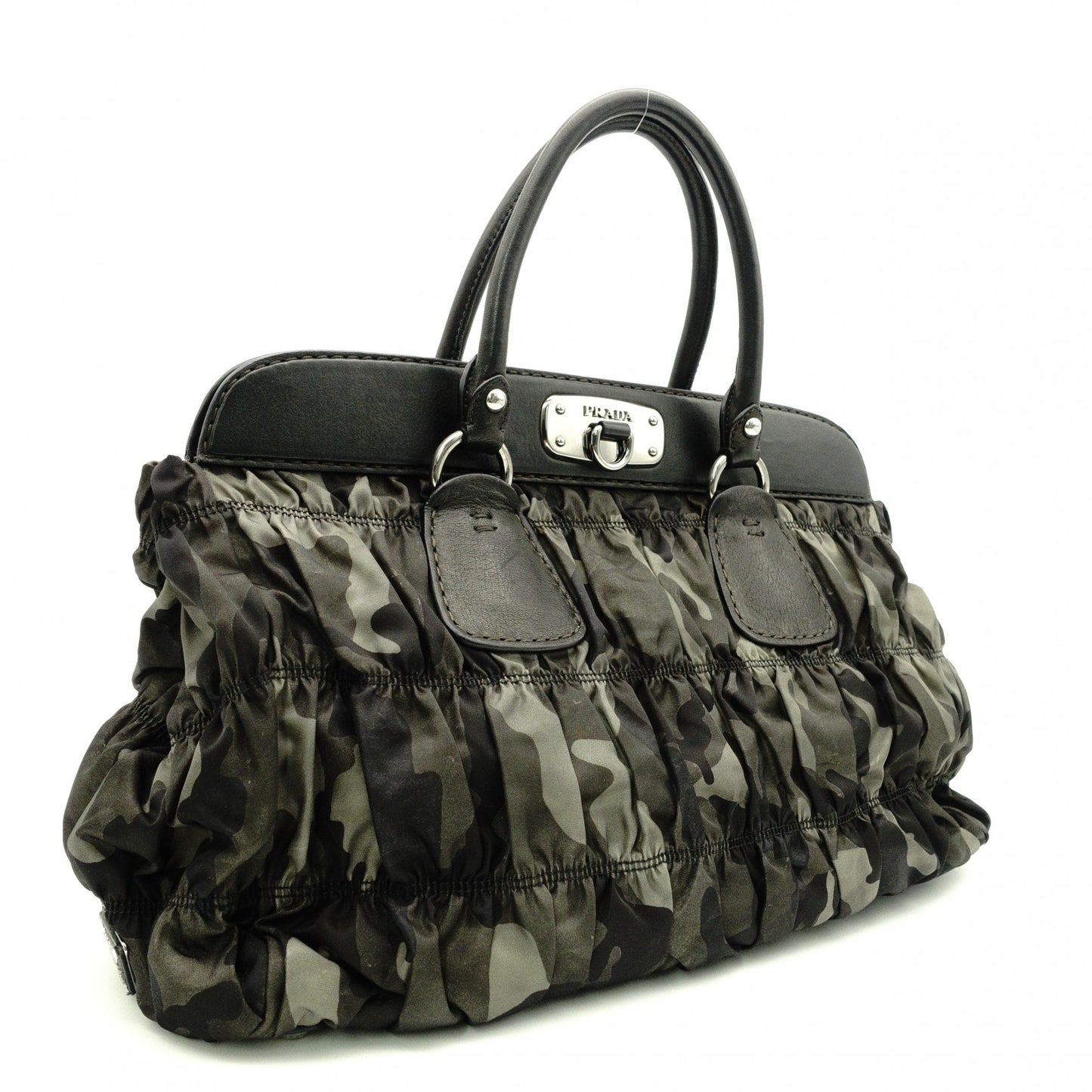 PRADA Handbag, Leather and Nylon, Gathered, Green-Toned Camouflage