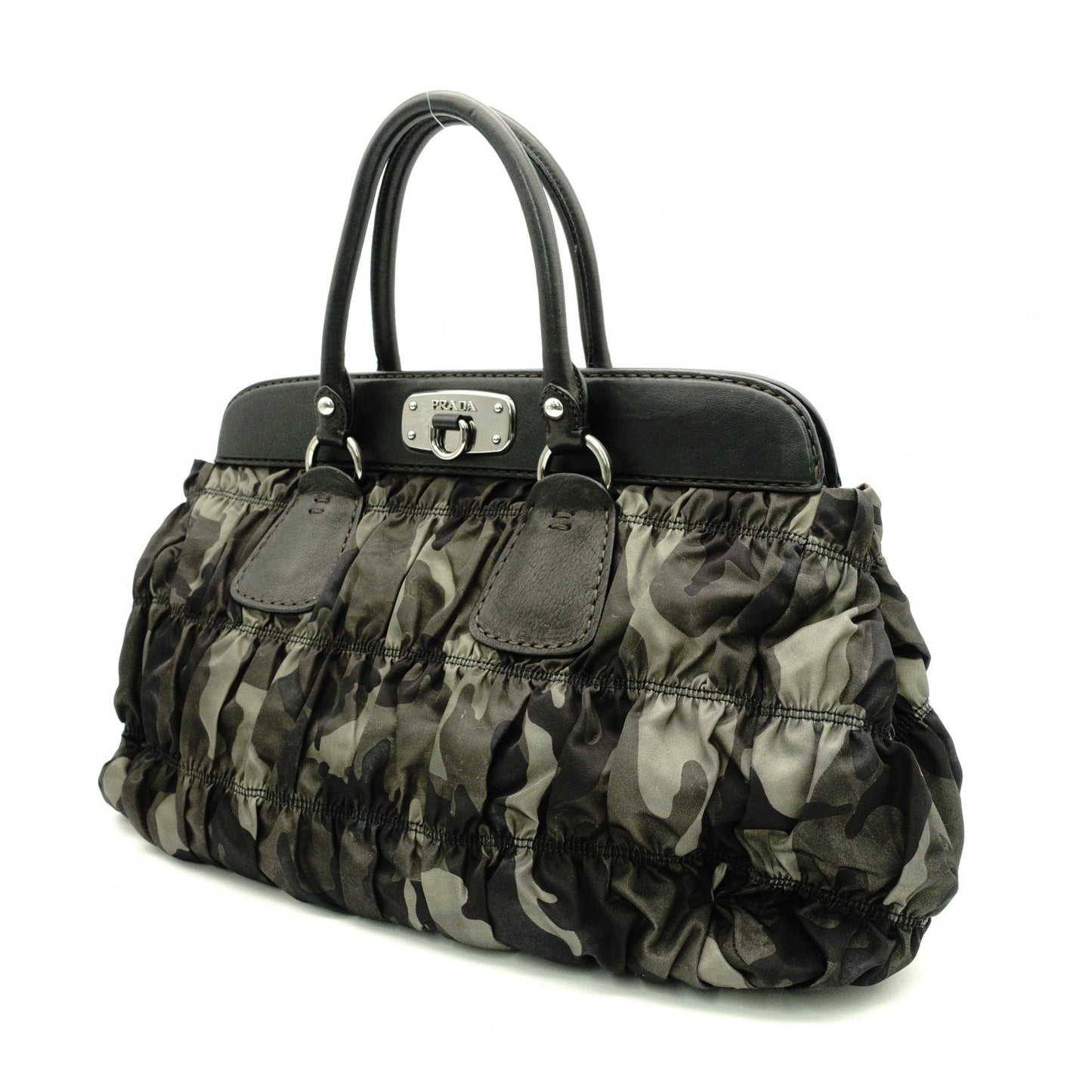 PRADA Handbag, Leather and Nylon, Gathered, Green-Toned Camouflage