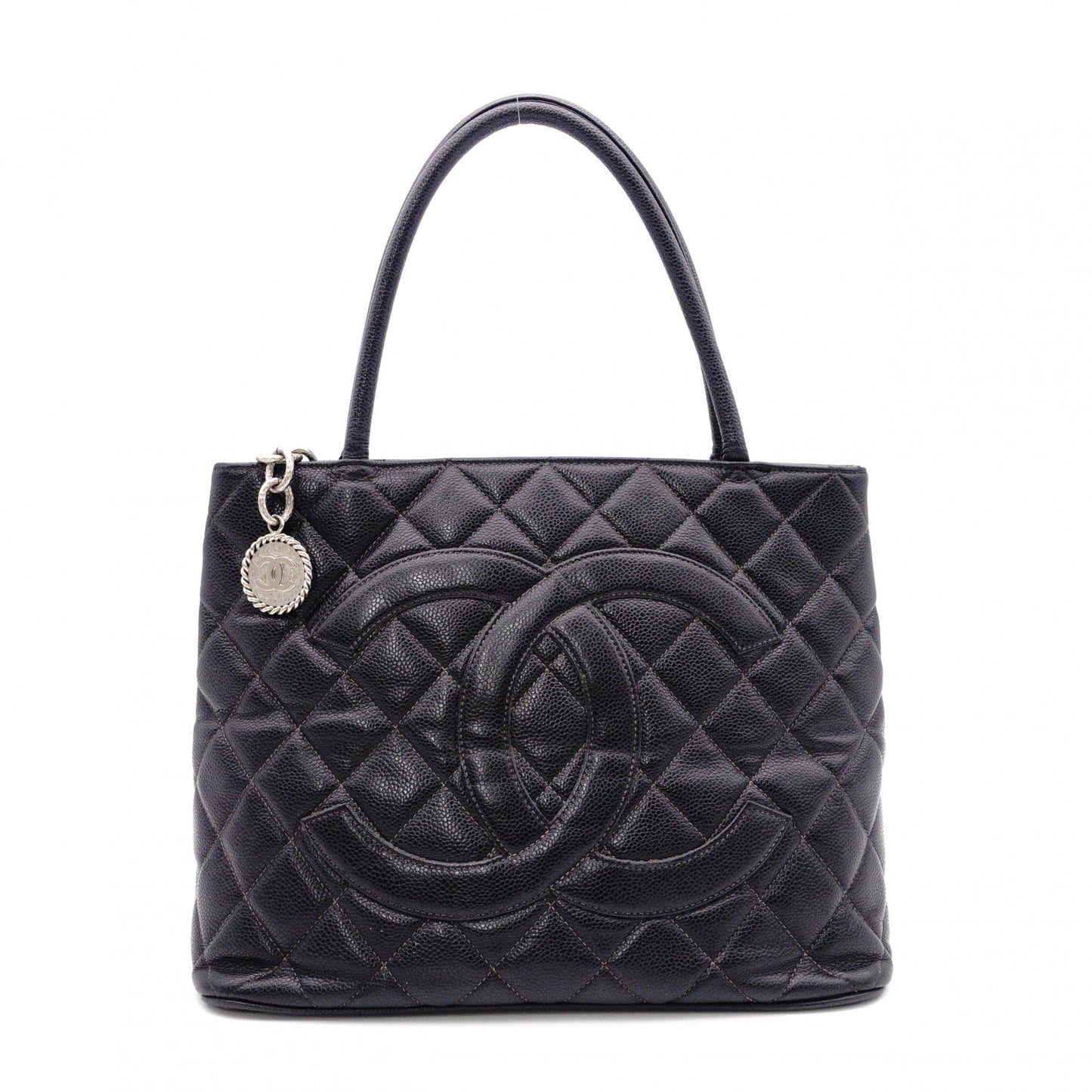 CHANEL Medallion Tote, Caviar Leather, Matelassé Tote Bag, Silver Hardware, Black