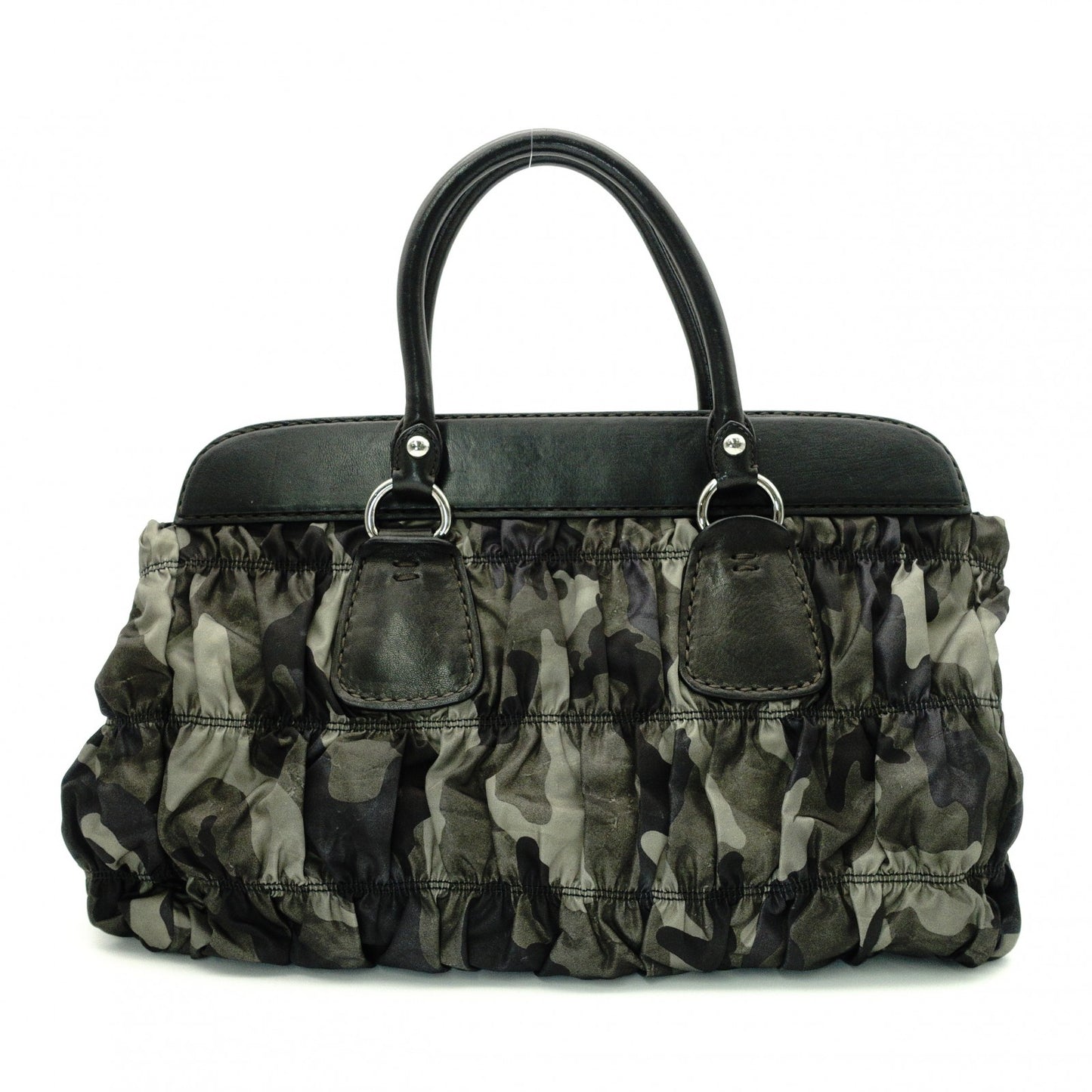 PRADA Handbag, Leather and Nylon, Gathered, Green-Toned Camouflage