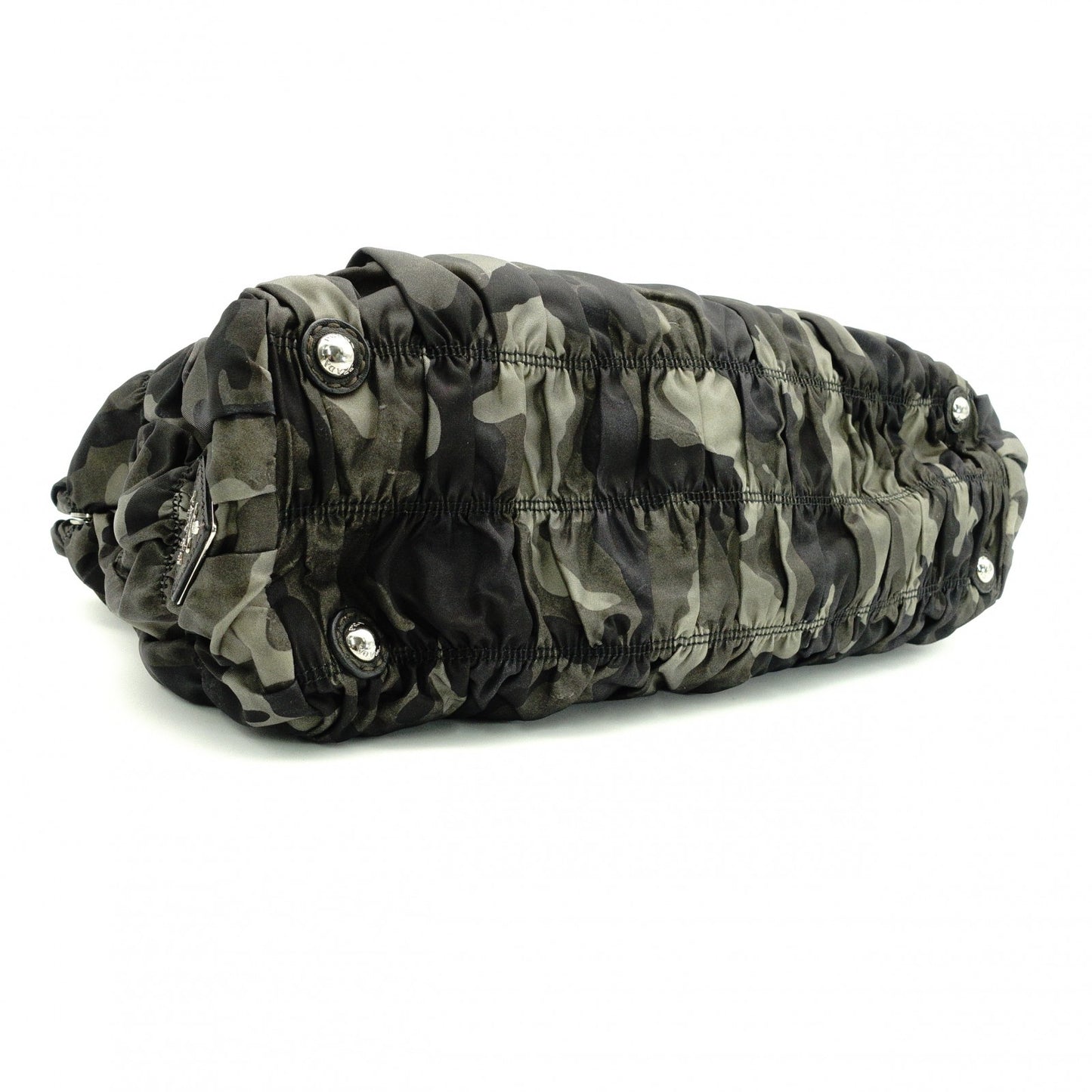 PRADA Handbag, Leather and Nylon, Gathered, Green-Toned Camouflage