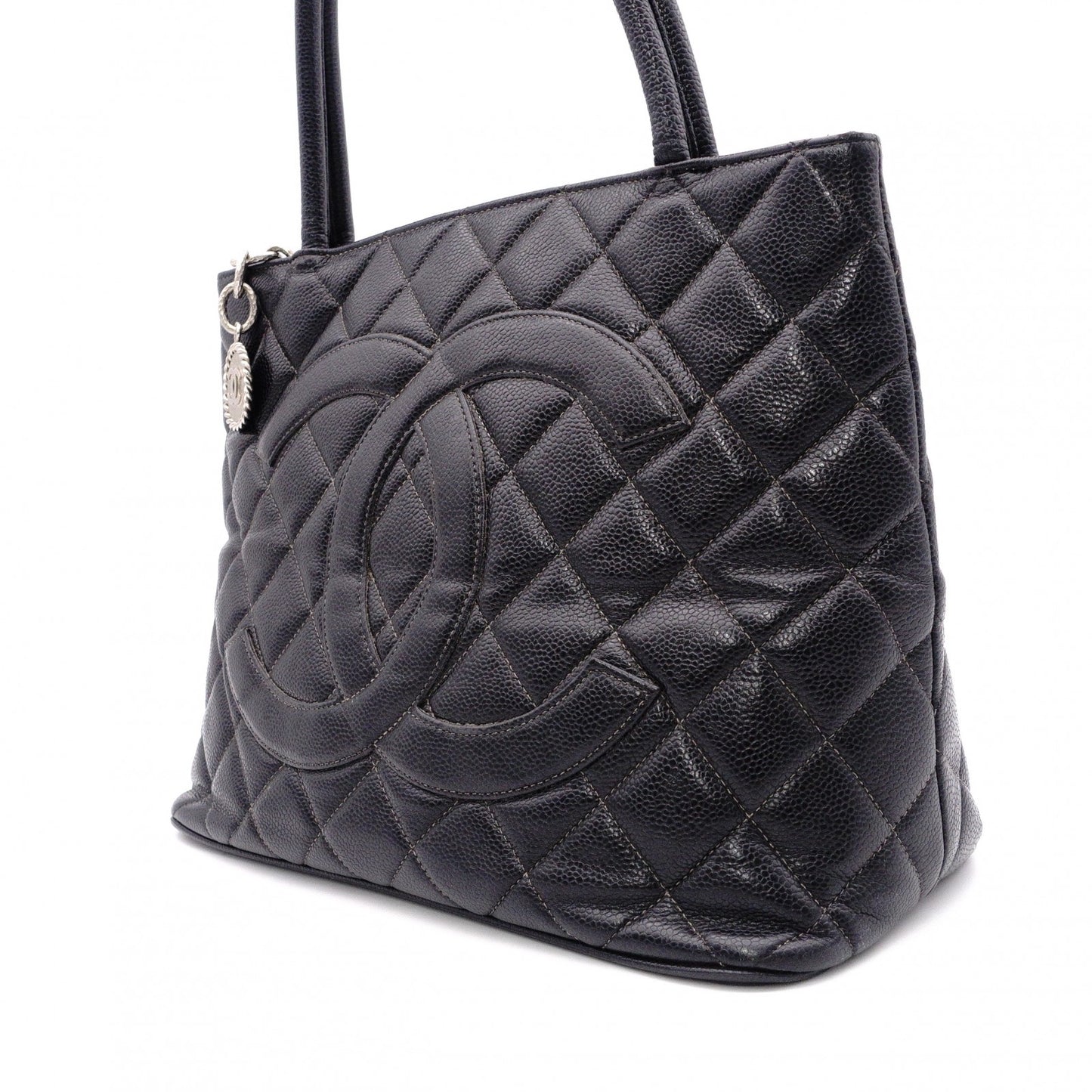CHANEL Medallion Tote, Caviar Leather, Matelassé Tote Bag, Silver Hardware, Black