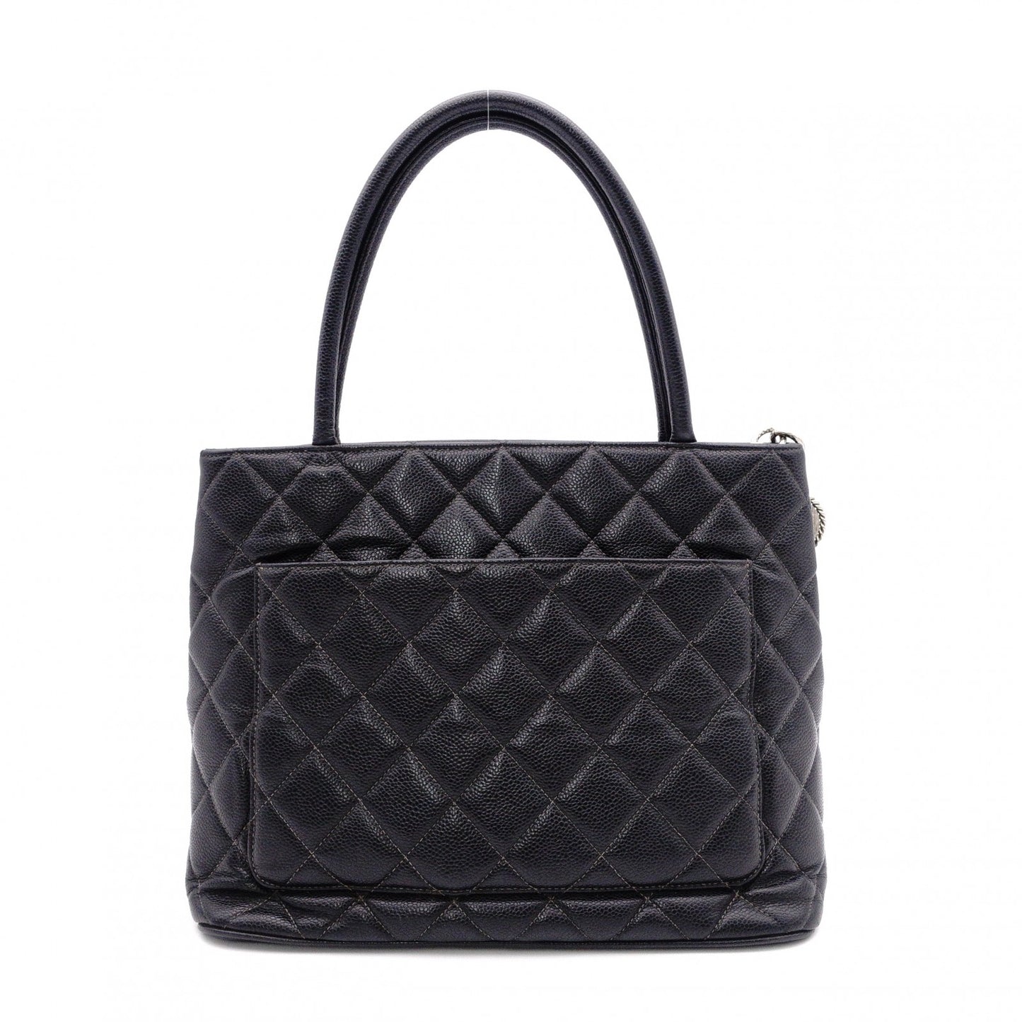 CHANEL Medallion Tote, Caviar Leather, Matelassé Tote Bag, Silver Hardware, Black