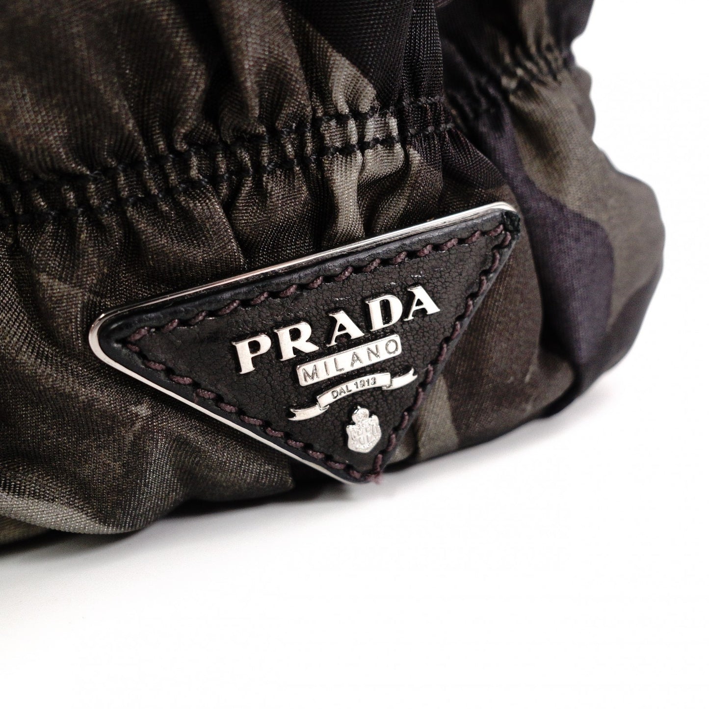PRADA Handbag, Leather and Nylon, Gathered, Green-Toned Camouflage