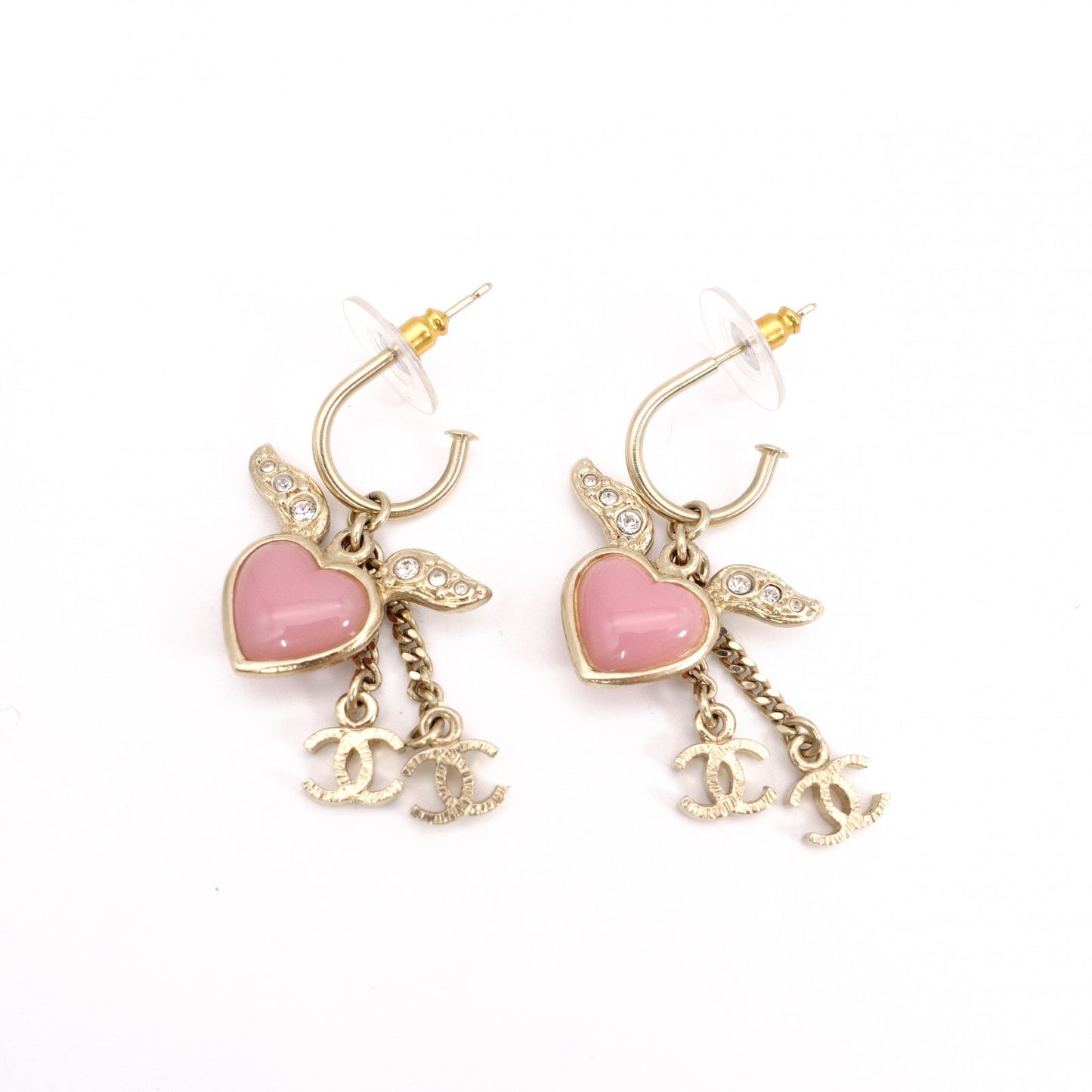 CHANEL Earrings, Metal, Rhinestone, Gold, Heart, Pink