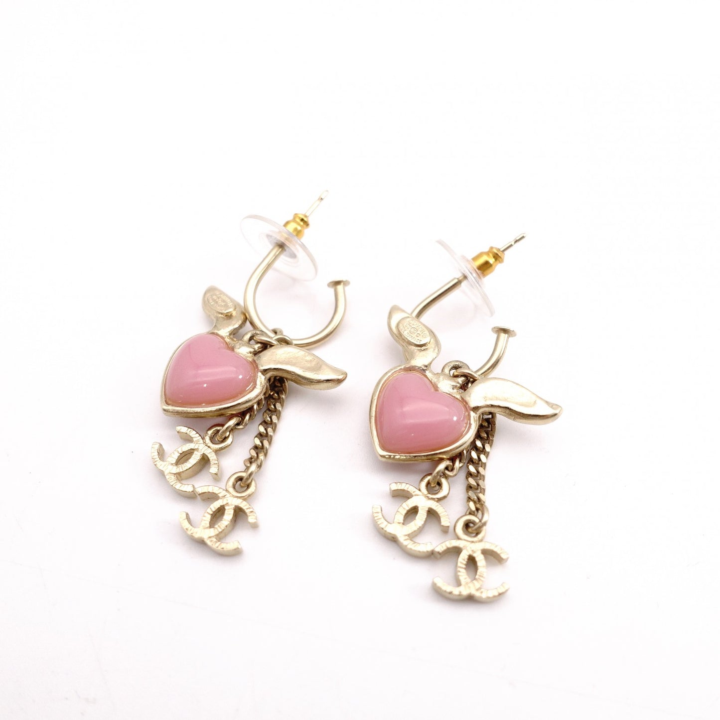 CHANEL Earrings, Metal, Rhinestone, Gold, Heart, Pink