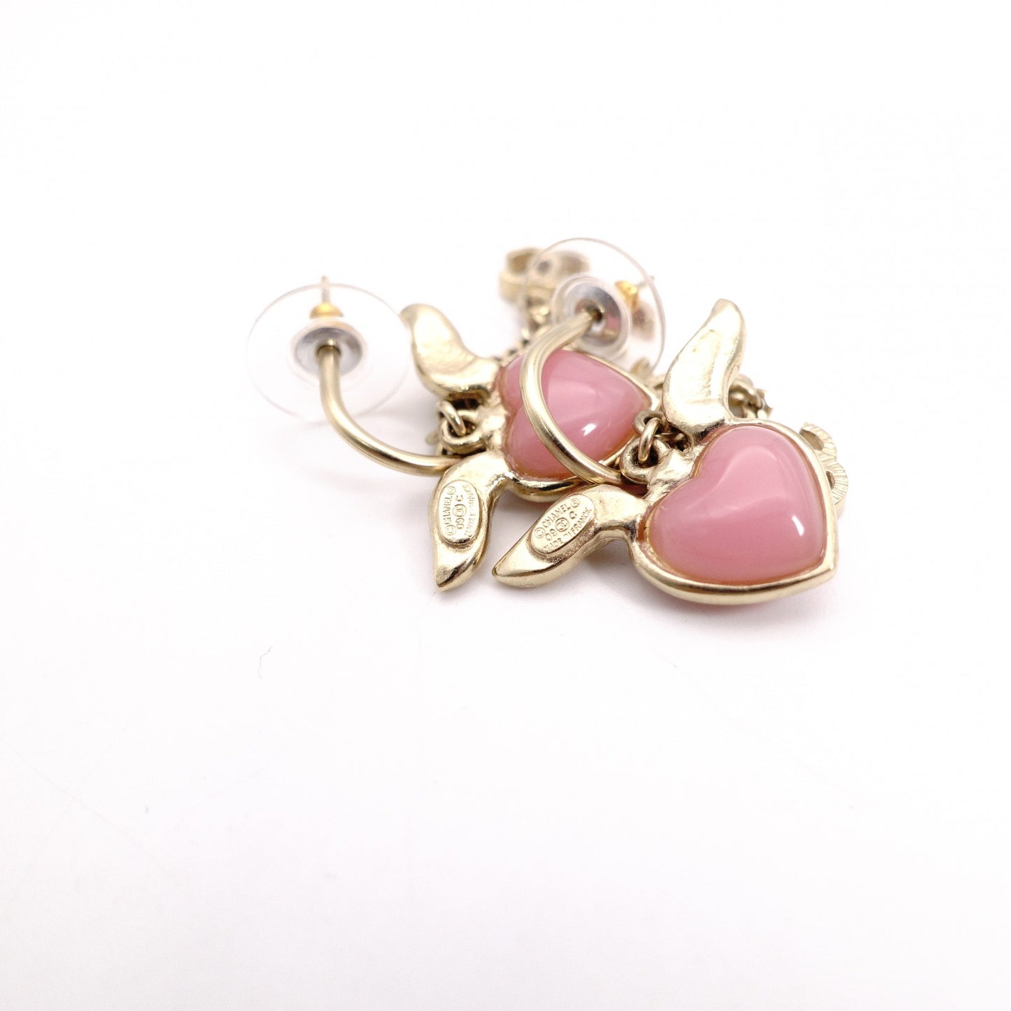 CHANEL Earrings, Metal, Rhinestone, Gold, Heart, Pink