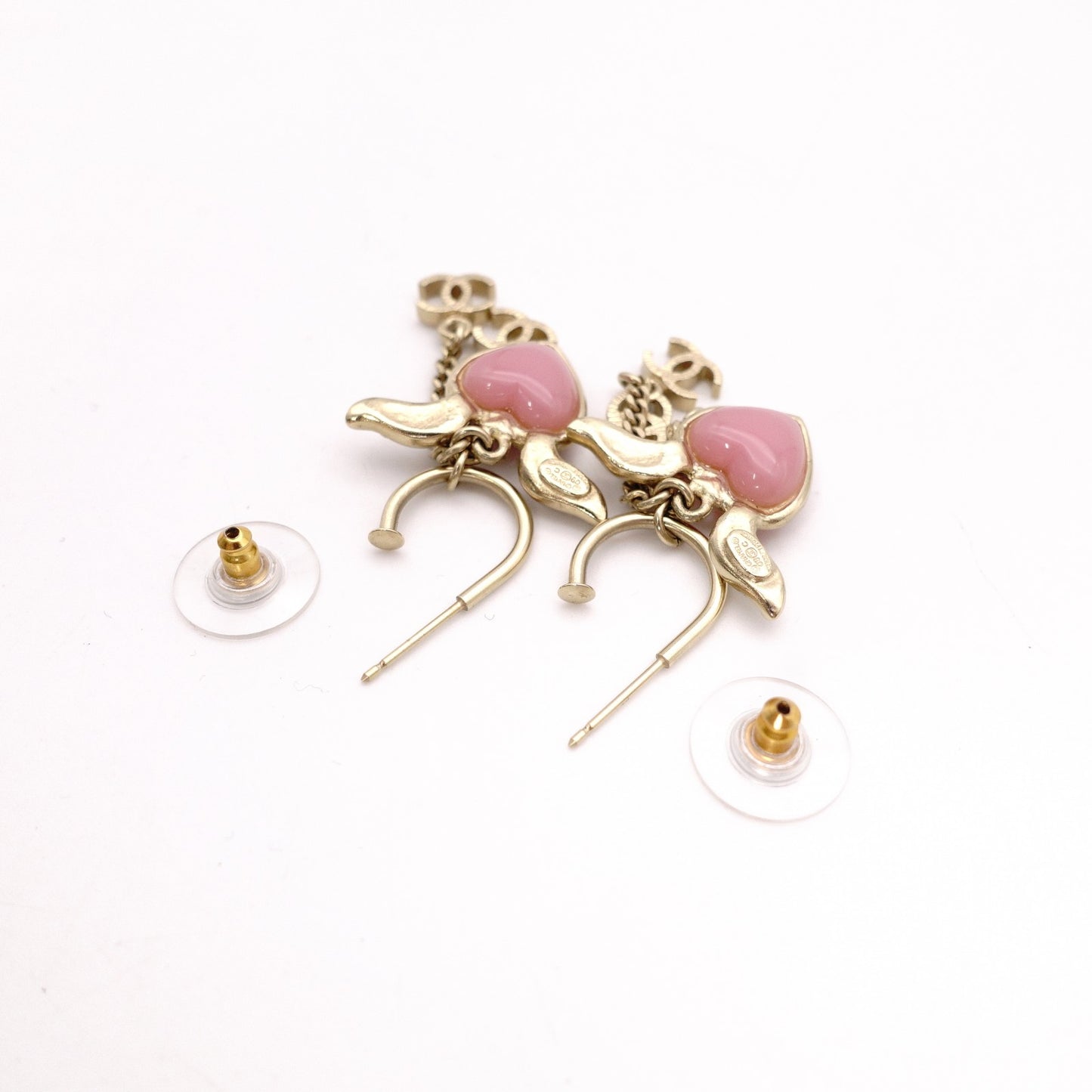 CHANEL Earrings, Metal, Rhinestone, Gold, Heart, Pink