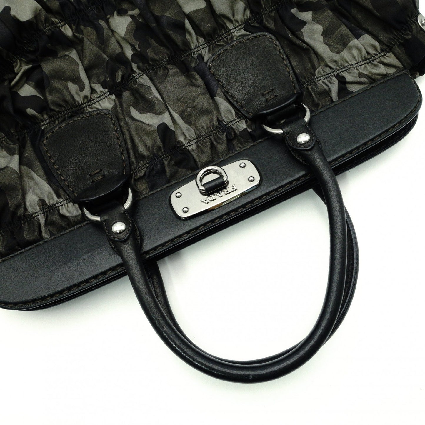 PRADA Handbag, Leather and Nylon, Gathered, Green-Toned Camouflage