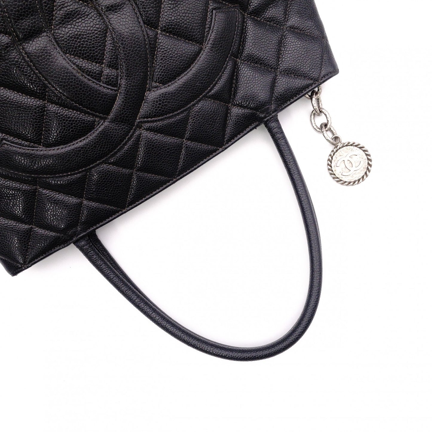 CHANEL Medallion Tote, Caviar Leather, Matelassé Tote Bag, Silver Hardware, Black