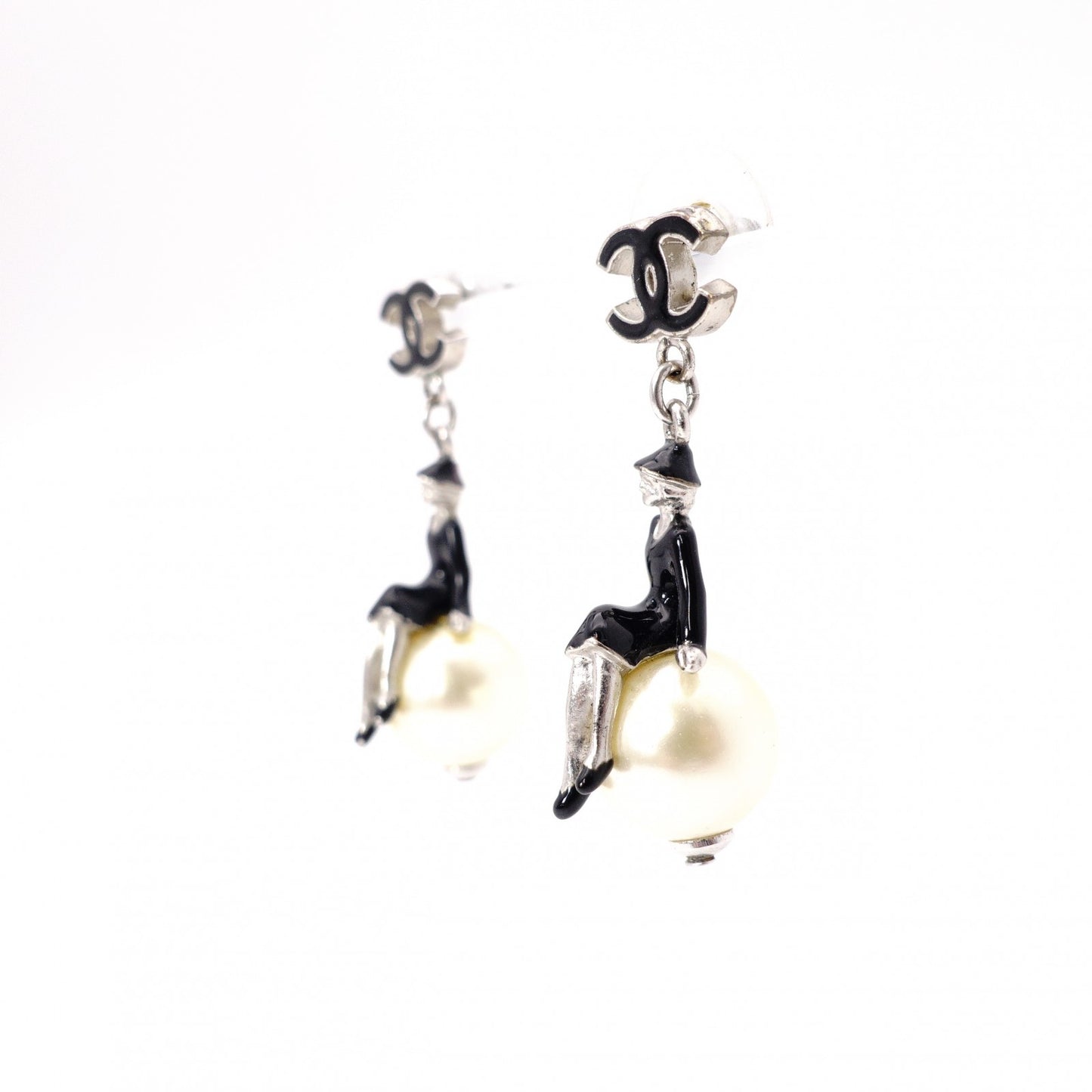 CHANEL Earrings, Metal, Faux Pearls, Beige, Black, Coco Chanel