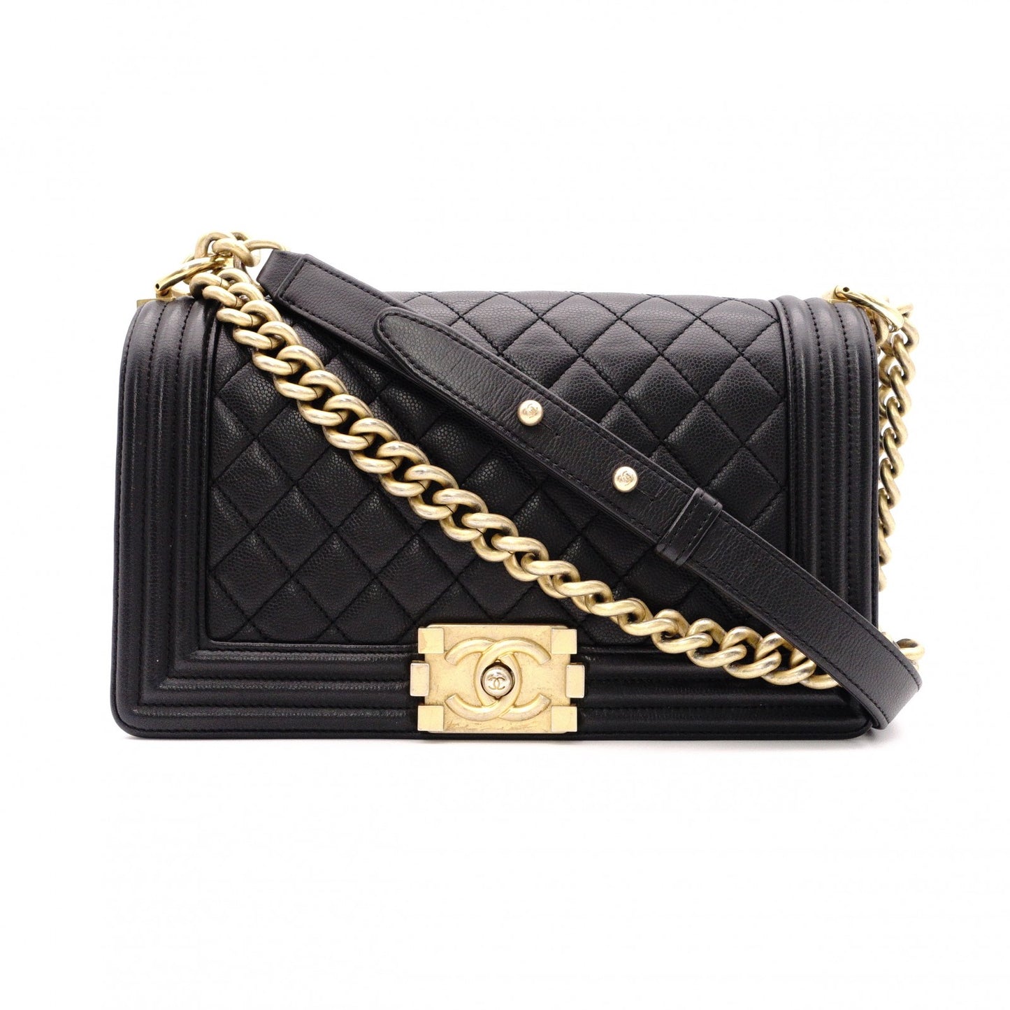 CHANEL Caviar Skin Boy Chanel 25 Chain Shoulder Bag, Leather, Black, Gold Hardware