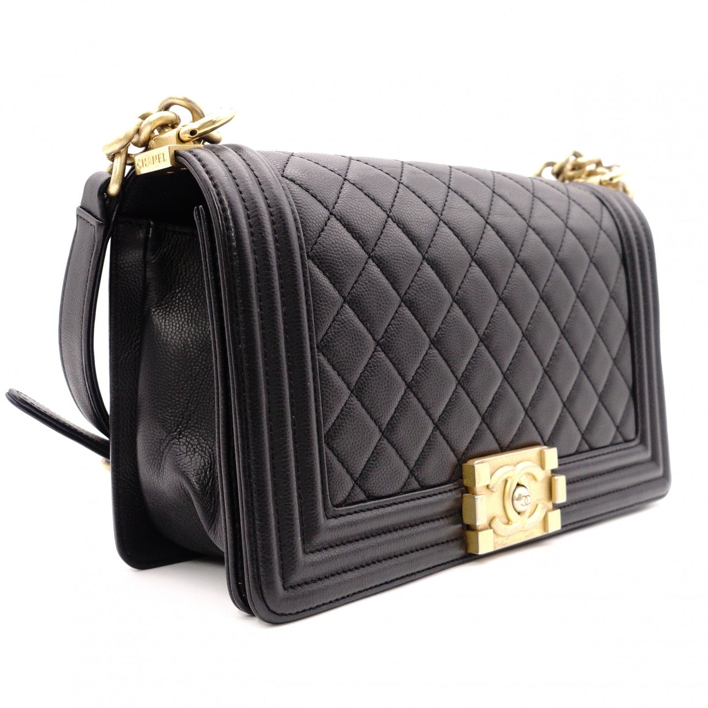 CHANEL Caviar Skin Boy Chanel 25 Chain Shoulder Bag, Leather, Black, Gold Hardware