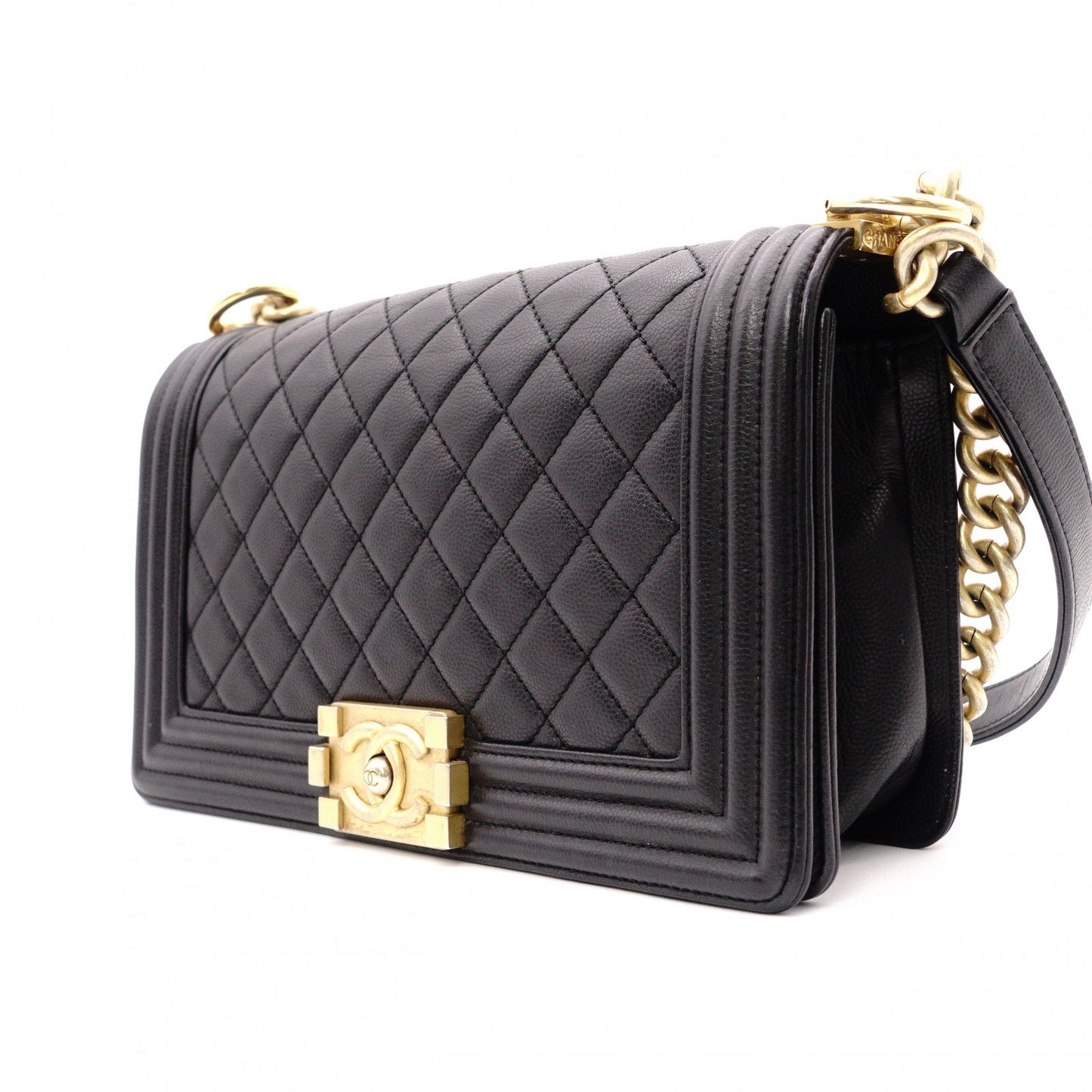 CHANEL Caviar Skin Boy Chanel 25 Chain Shoulder Bag, Leather, Black, Gold Hardware