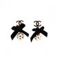 CHANEL Earrings, Metal/Faux Pearl, Beige and Black Ribbon