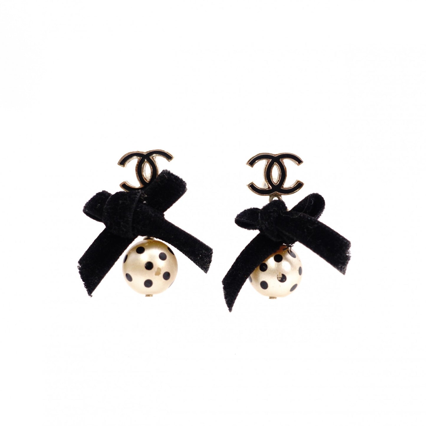 CHANEL Earrings, Metal/Faux Pearl, Beige and Black Ribbon