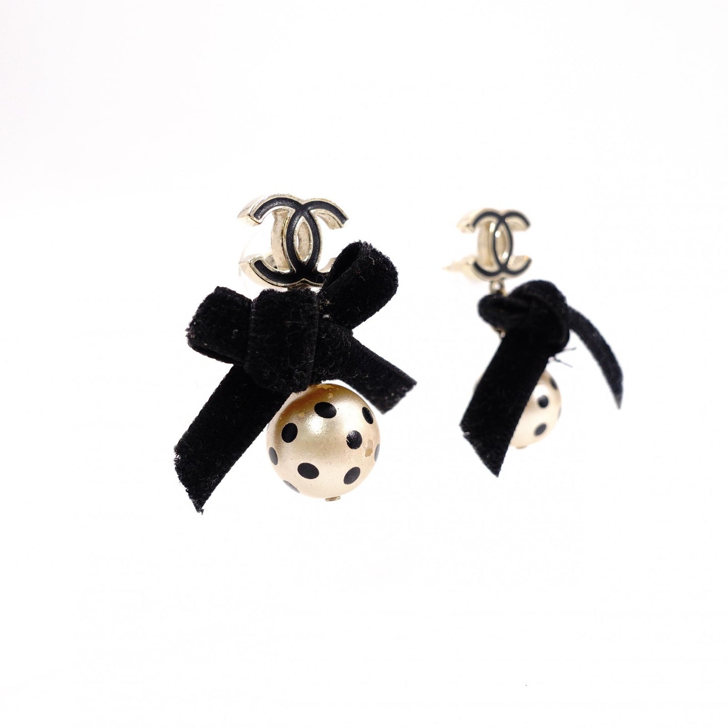 CHANEL Earrings, Metal/Faux Pearl, Beige and Black Ribbon